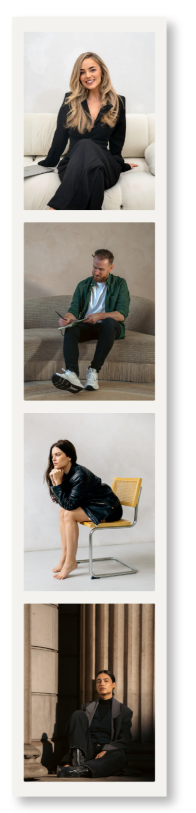Four individuals sitting in different indoor settings. The first is a smiling woman with blonde hair in a black outfit, sitting on a white couch. The second is a man with a beard, wearing a green jacket and jeans, writing in a notebook on a beige sofa. The third is a woman with long dark hair, wearing a black leather jacket, seated on a yellow chair, barefoot. The fourth is a woman with dark hair, sitting on the steps of a building with columns, wearing dark clothing and looking thoughtfull.