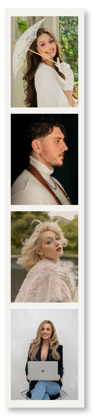 A collage of four portraits of people in different settings: a woman with makeup and an umbrella outdoors, a man in profile against a dark background, a woman outdoors with blonde hair near a body of water, and a woman with long blonde hair holding a laptop against a light wall.