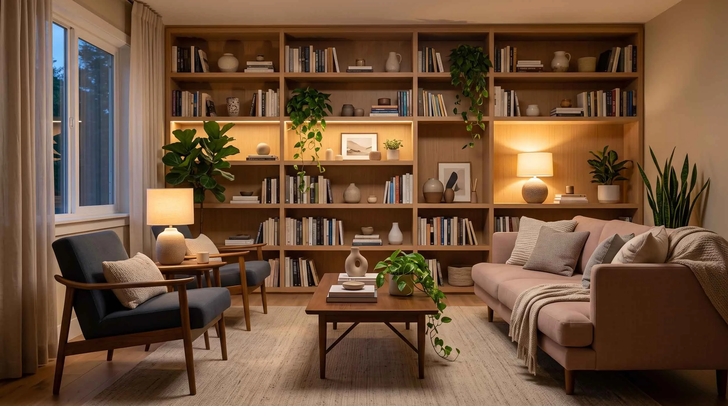 Living room with wooden bookshelf filled with books and decorative items, a large beige sofa with cushions, a dark armchair, a coffee table with a plant, potted plants, and warm lighting.