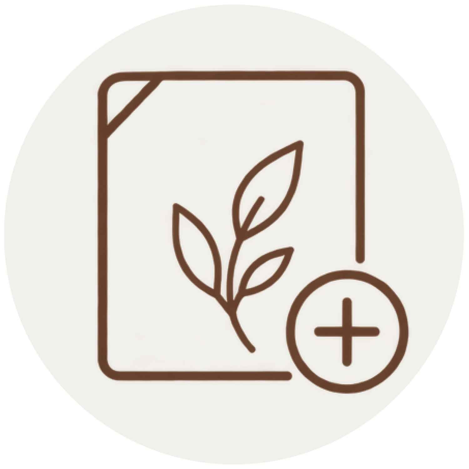 Line drawing of a box with a leaf, a leaf symbol, and a plus sign, suggesting natural or herbal medicine.