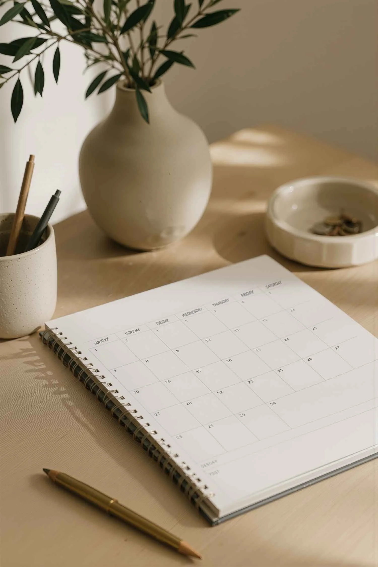 A wooden desk with a calendar, a gold pen, a cup with pens, a white vase with green leaves, and a small white dish with coins.