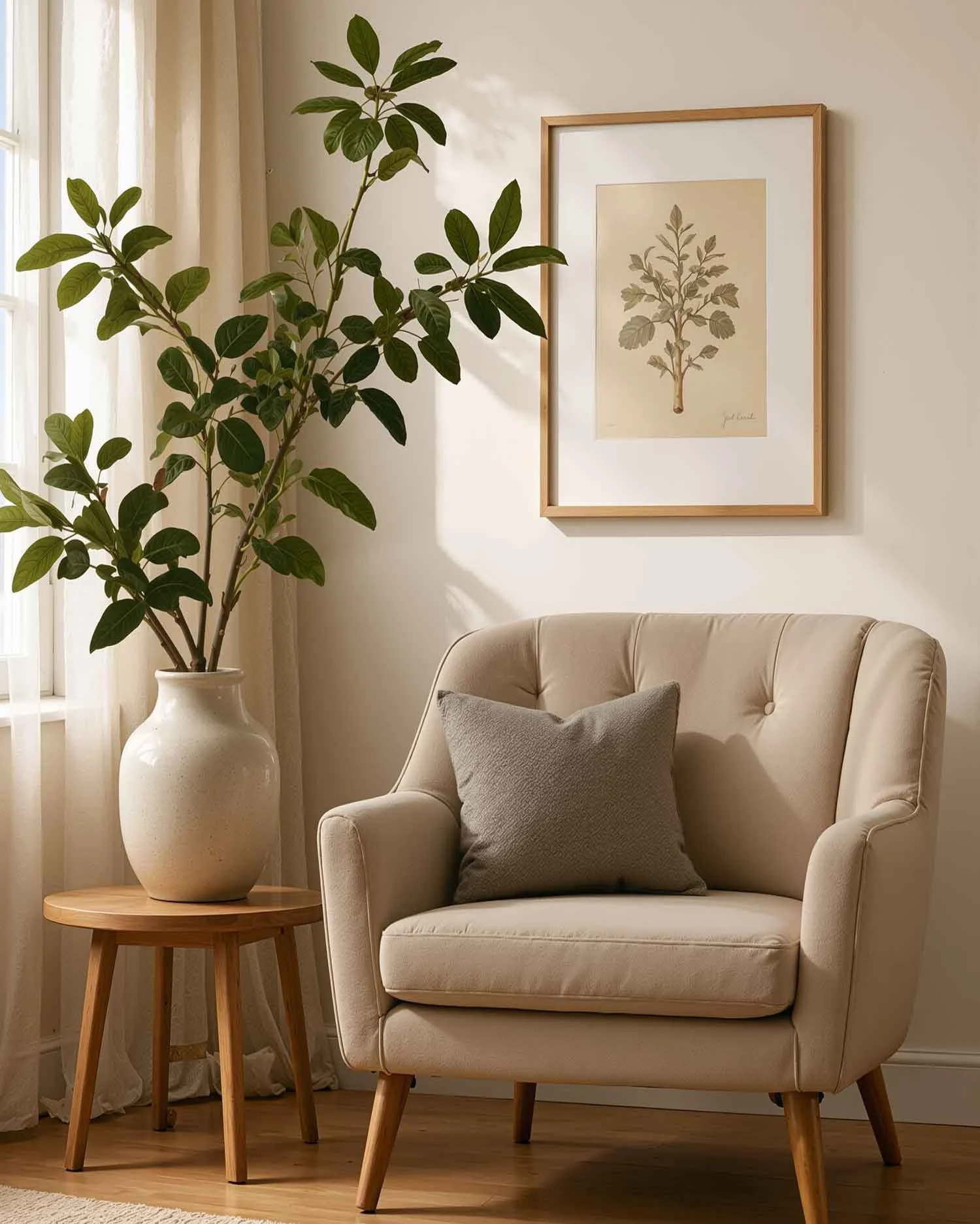 A cozy corner of a living room with a beige armchair with a gray pillow, a wooden side table with a large white vase holding a green leafy plant, beige curtains, and a framed botanical print on the wall.