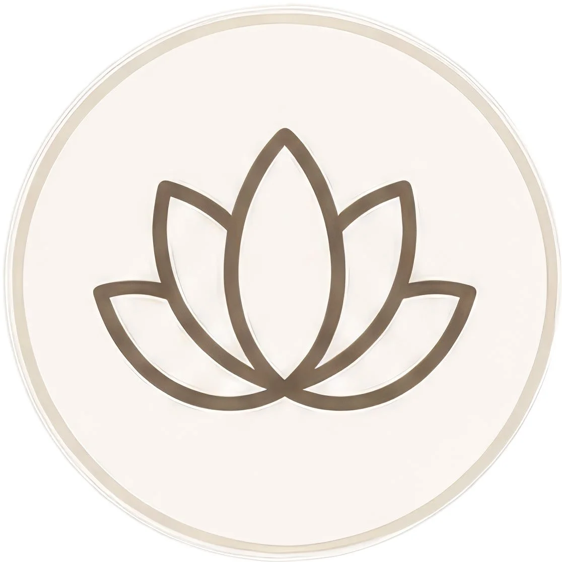 A circular emblem with a minimalist lotus flower design in the center, featuring multiple petal outlines in a neutral color.