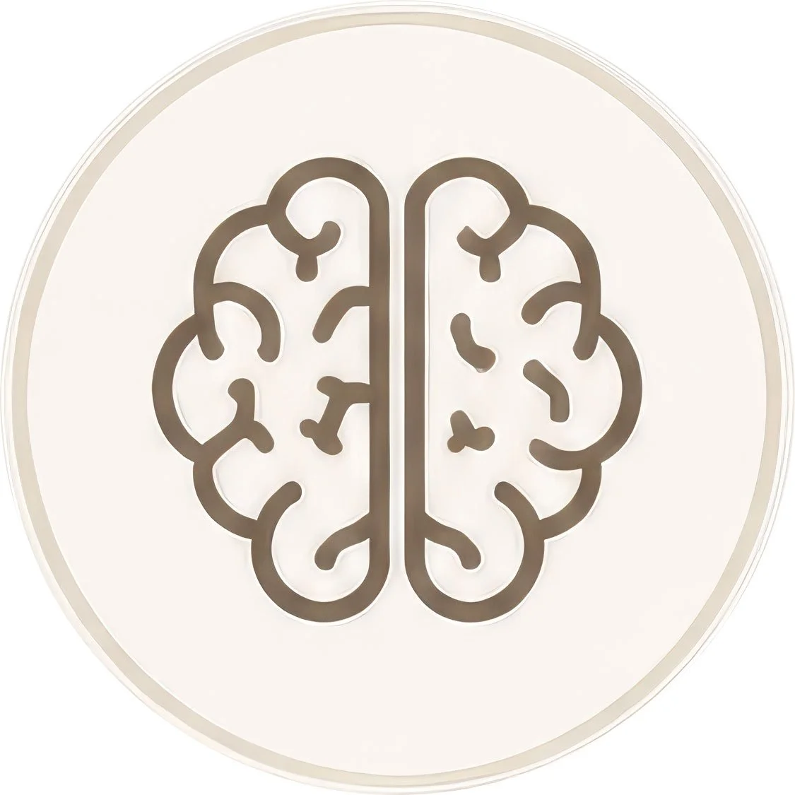 A circular decorative piece featuring an abstract outline of a human brain in a light brown color on a light beige or cream background.