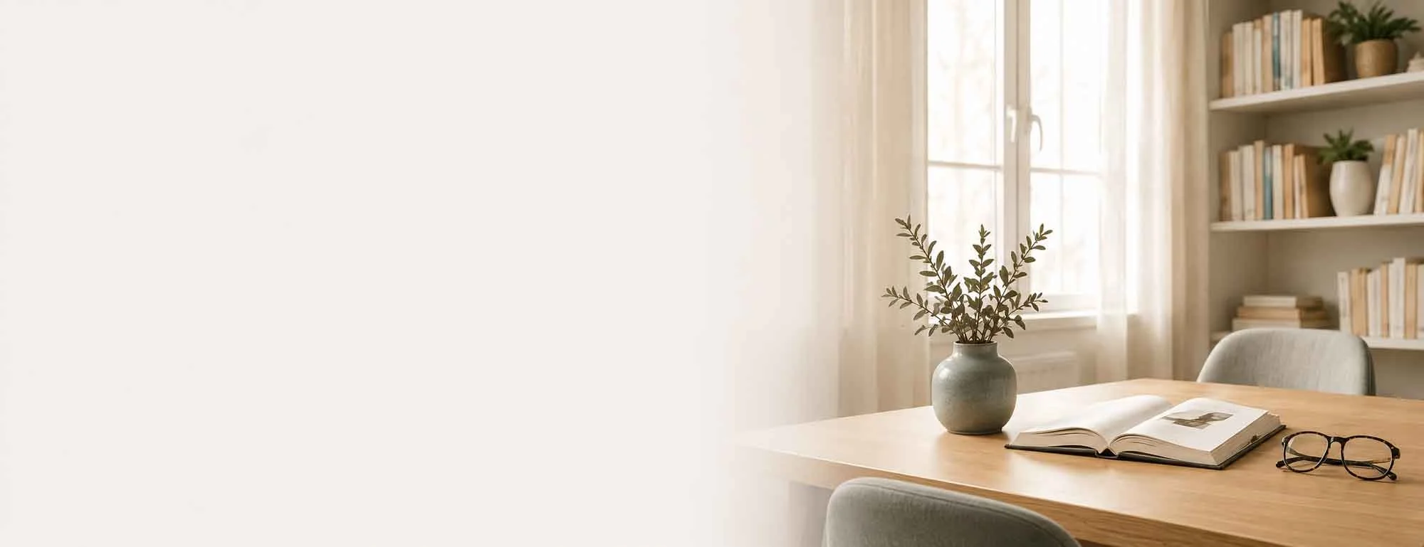 Bright and cozy room with a wooden table, a potted plant, an open book, eyeglasses, a window with natural light, and bookshelves with books and potted plants.