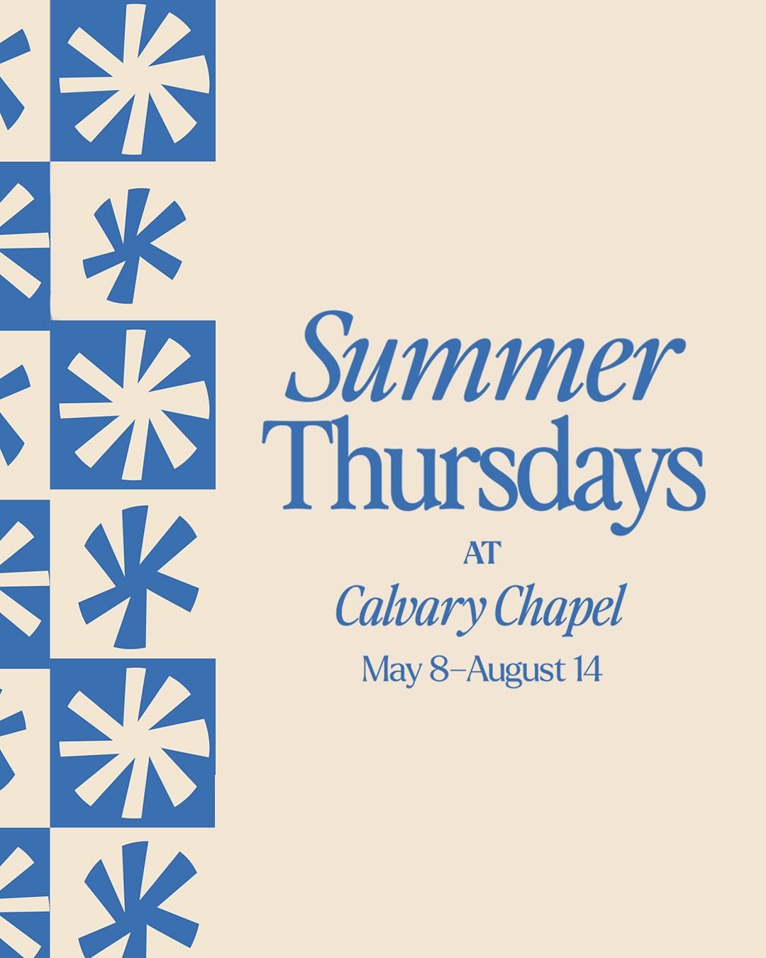 Summer activities kick off this week with a worship night! Save this post, save the dates, send to your friends, and get ready for all the fun! 🤍🦋

P.S. stay tuned for registration links and more information on crafts, cooking, and movies!