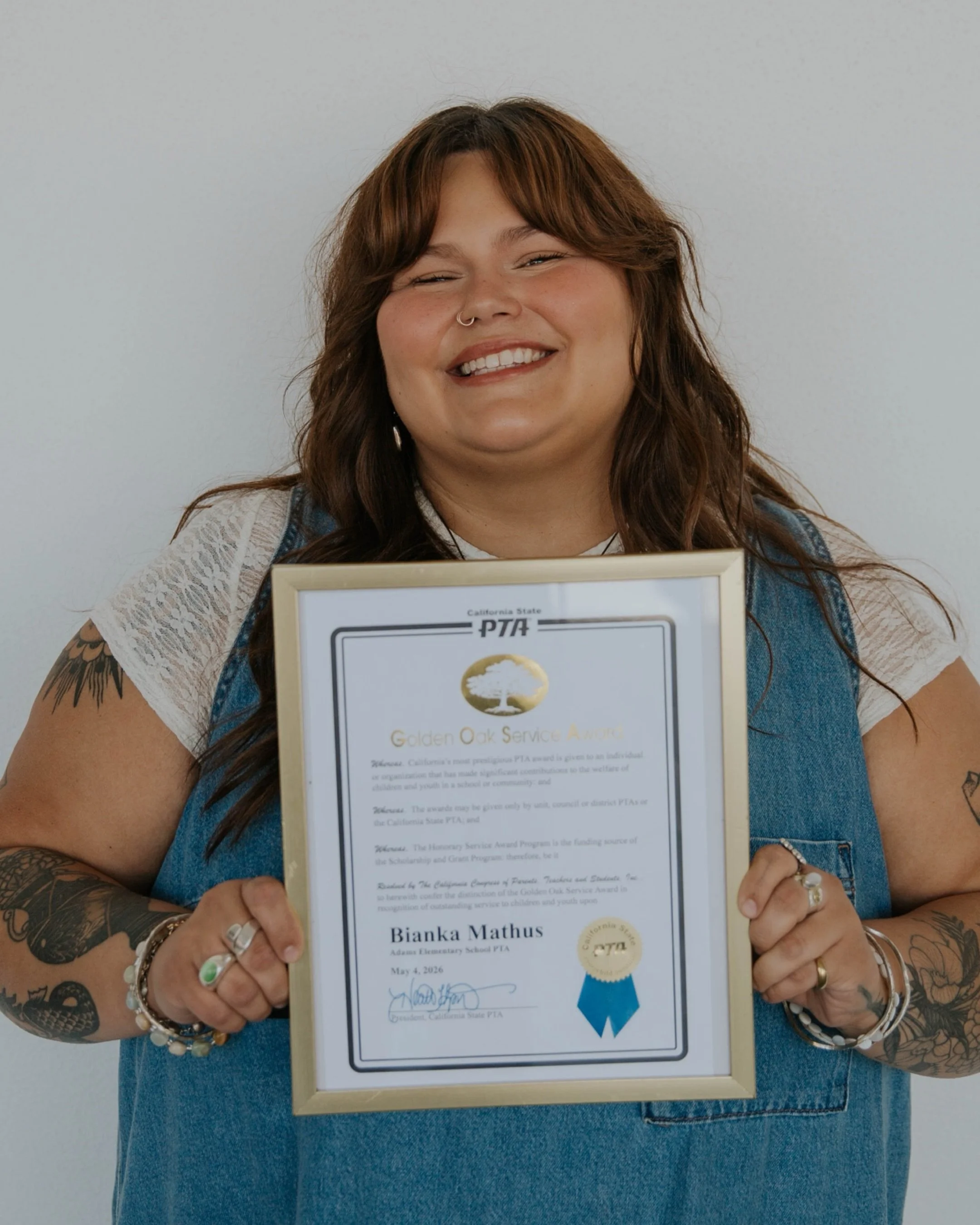 Our very own Bianka Mathus&mdash;Local Mission Lead and HSM Girls Lead&mdash;was recently recognized by the California State PTA for her outstanding service to Adams Elementary! The Golden Oak Service Award is given to individuals who have made signi