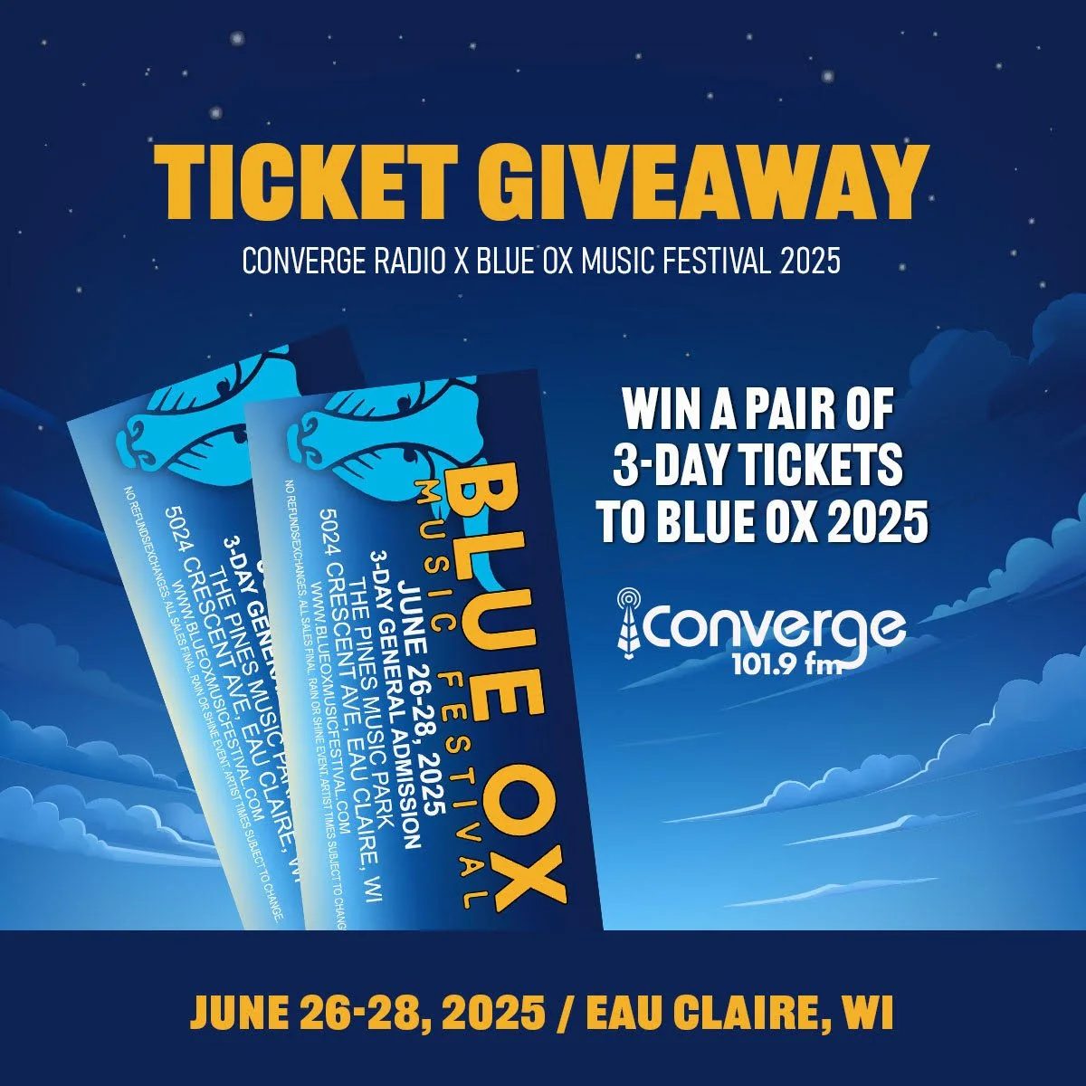 GIVEAWAY TIME!

Converge Radio 101.9FM Community Radio and Blue Ox Music Festival are teaming up to send you to one of the best weekends of music in the Midwest!

We're giving away two pairs of 3-day tickets to Blue Ox 2025 with unreserved tent campi