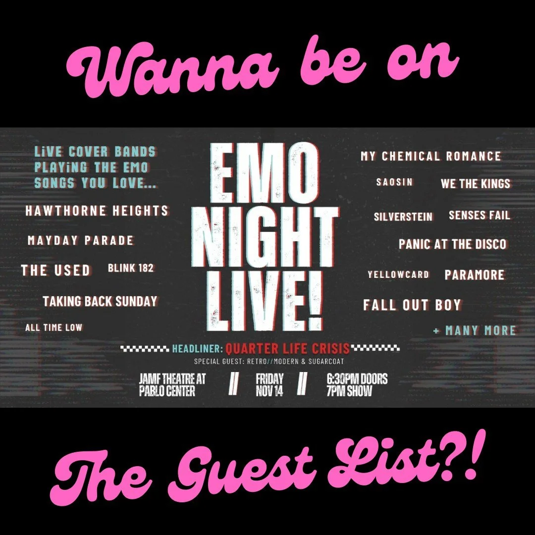 SPECIAL ANNOUNCEMENT!

Wanna be on the Guest list at Emo Night Live at The Pablo Center on Friday? 

Then listen to Bangers Only! at 5pm, and jump on Converge Radio's Facebook Live feed! 

Today at 5pm Central during Bangers Only! with Max Strozzi, w