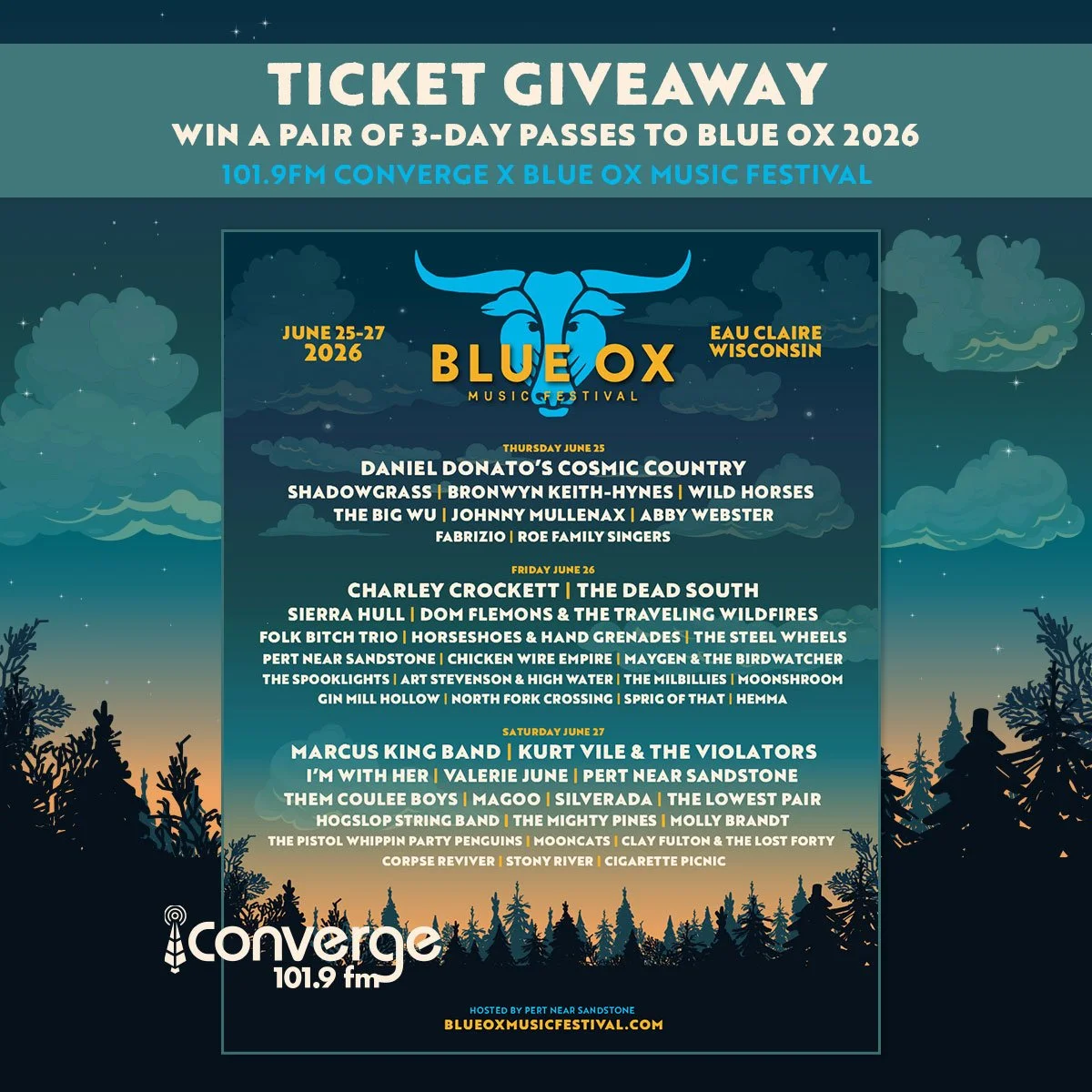 IT&rdquo;S TICKET GIVEAWAY TIME!

Converge Radio 101.9FM Eau Claire and Blue Ox Music Festival are teaming up to send you to one of the best weekends of music and camping in the Midwest!

We are giving away two pairs of 3-day General Admission Ticket
