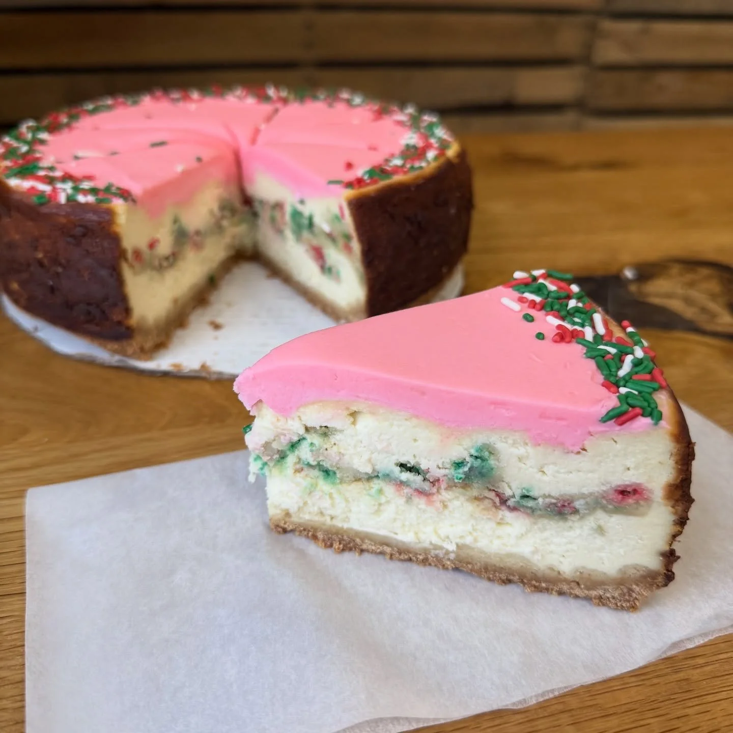 🩷❤️Sugar Cookie Cheesecake❤️🩷
Sugar cookie crust, a layer of sugar cookies in the middle, topped with pink buttercream &amp; Christmas sprinkles! Available at all locations through the month of December!