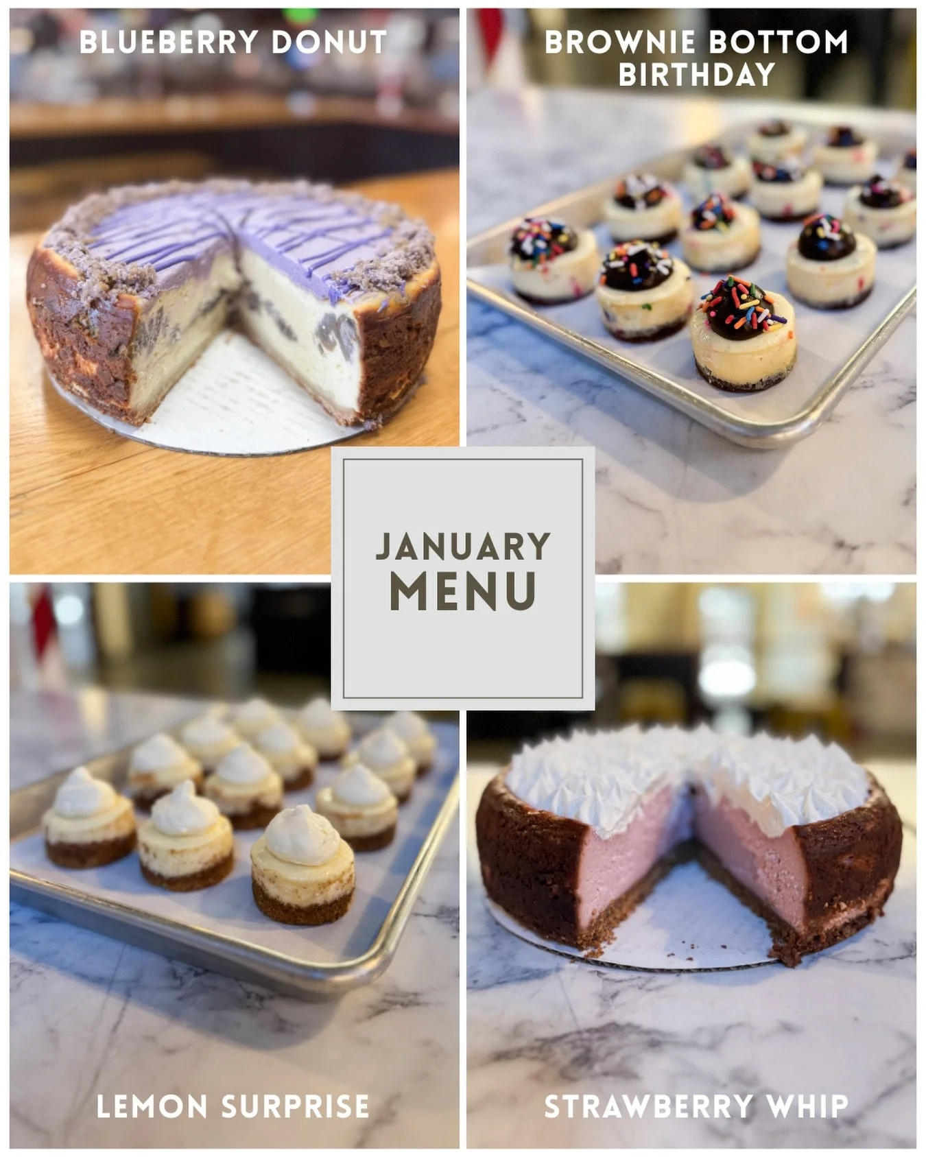 January menu is here❄️🩵🍰
Our best selling blueberry donut cheesecake with @lildonutfactory donuts hits all locations tomorrow! The rest of the menu is available now:) 

🫐Blueberry Donut - shortbread crust, original cheesecake, a pound of blueberry