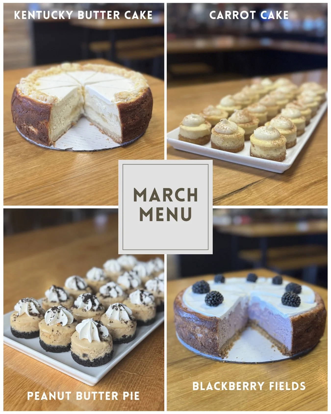 March Menu🩵🍰

🧈Kentucky Butter Cake is back by the slice! Shortbread crust, original cheesecake mixed with a vanilla butter sauce, with a layer of KBC in the middle, topped with buttercream and cake crumbs! 

🥕Carrot Cake Minis - carrot cake crus