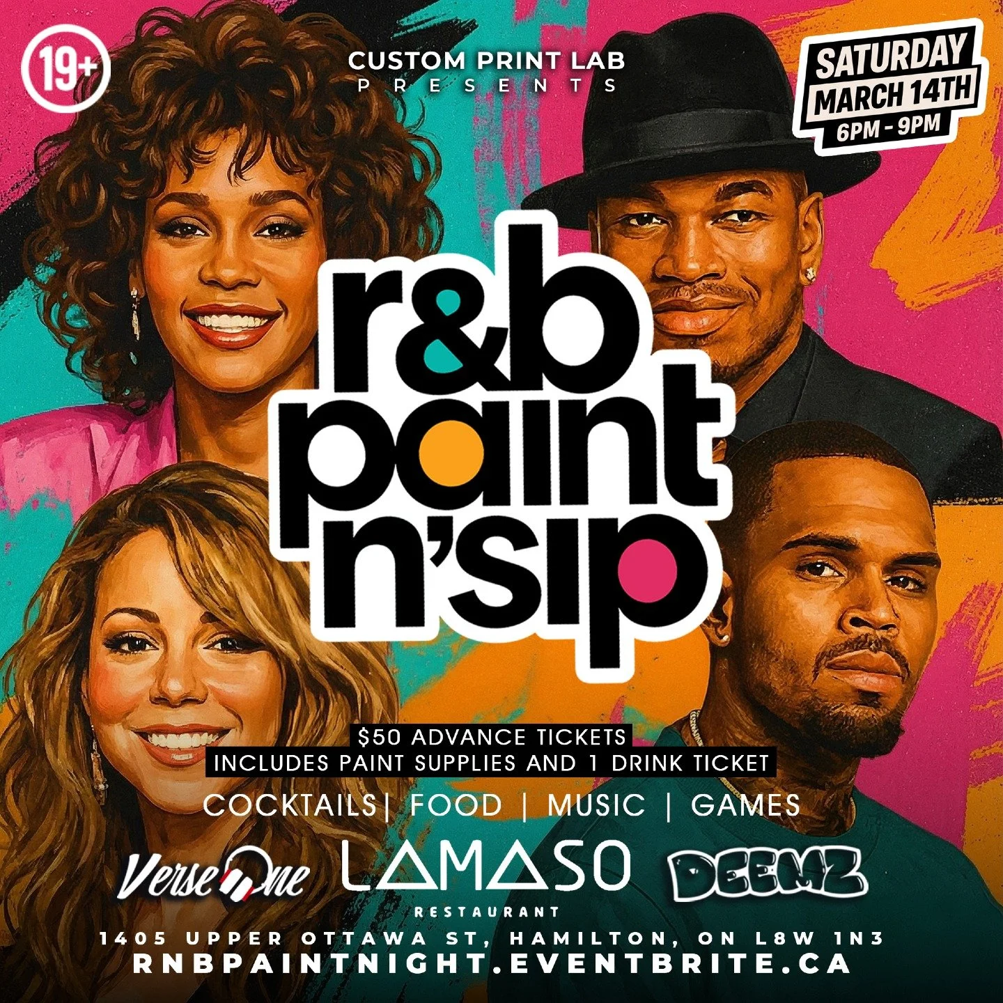 🎨✨ R&amp;B PAINT N&rsquo; SIP ✨🎶
Good vibes. Great music. Zero pressure.
No experience needed &mdash; just come ready to vibe &amp; get creative 🎨🍷

🗓 Saturday, March 14th
⏰ 6PM &ndash; 9PM
📍 Lamaso Restaurant | Hamilton
🎟 $50 Advance Tickets

