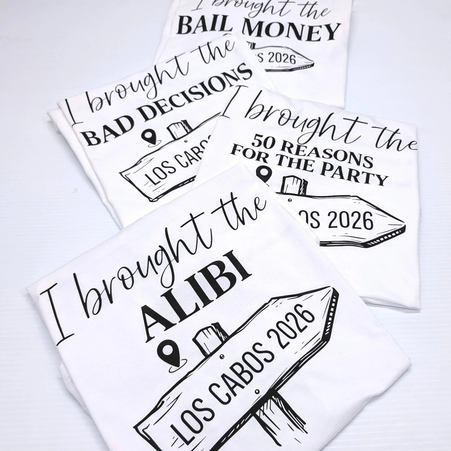 Squad shirts ready for the trip 🍾✈️
Custom vacation tees made to match every personality 😅🔥

&ldquo;I brought the alibi&hellip;&rdquo; might be the winner 😂

Planning a girls trip, birthday getaway, or bachelorette?
We can customize names, saying