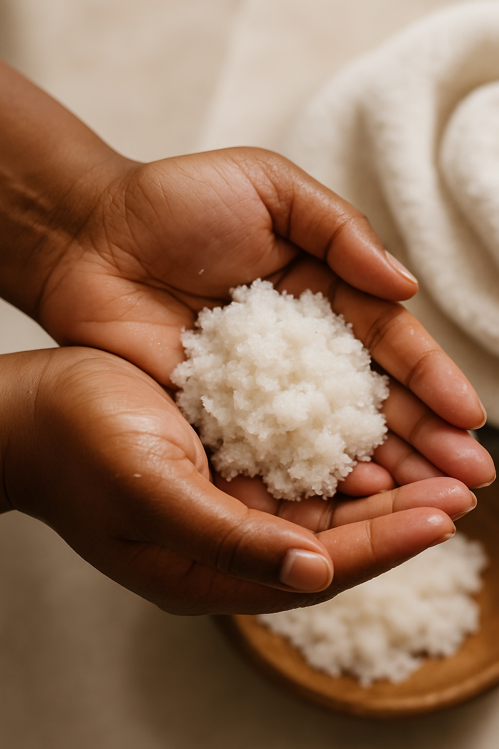 Person holding a scoop of white, granular salt over a wooden bowl with more salt and a white towel in the background.