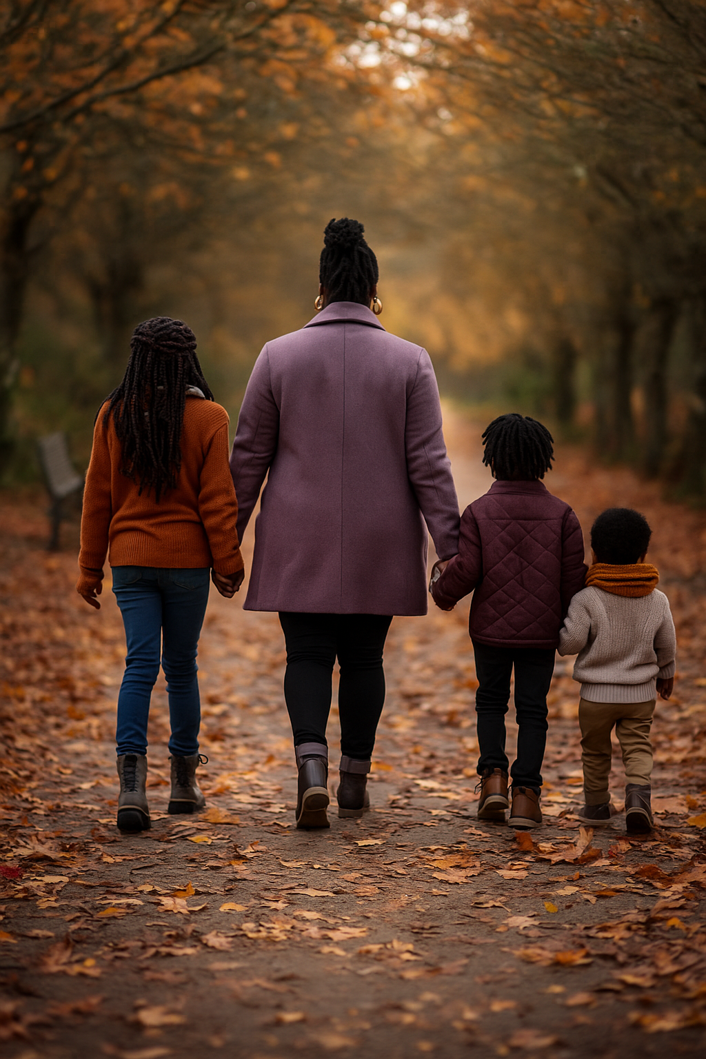 A woman and three children walking hand-in-hand through a fall park with orange and yellow leaves on the ground and trees.