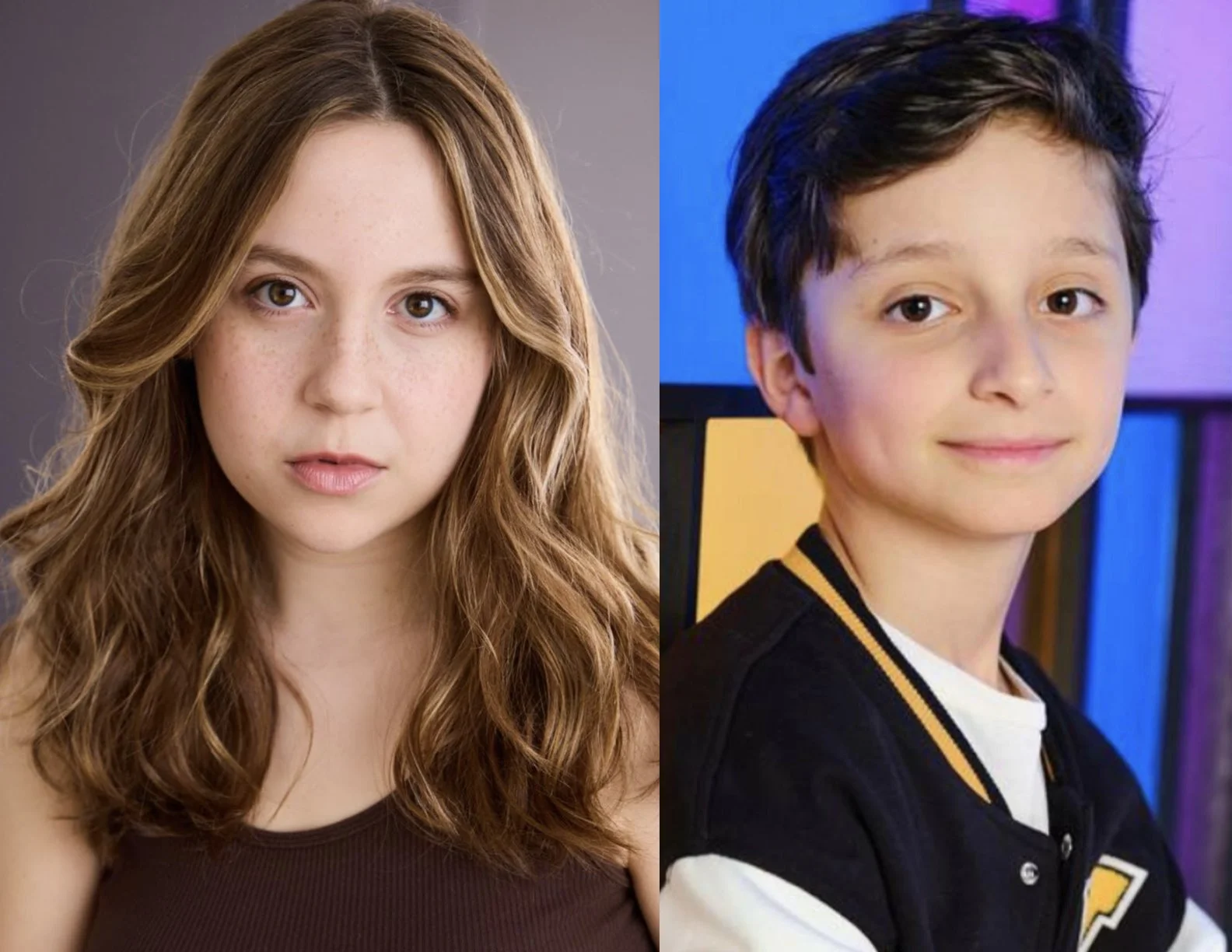 Left side: young girl with long, wavy, reddish-brown hair, wearing a dark sleeveless top, against a gray background. Right side: young boy with short dark hair, wearing a black and yellow jacket and white shirt, standing in front of a colorful background.