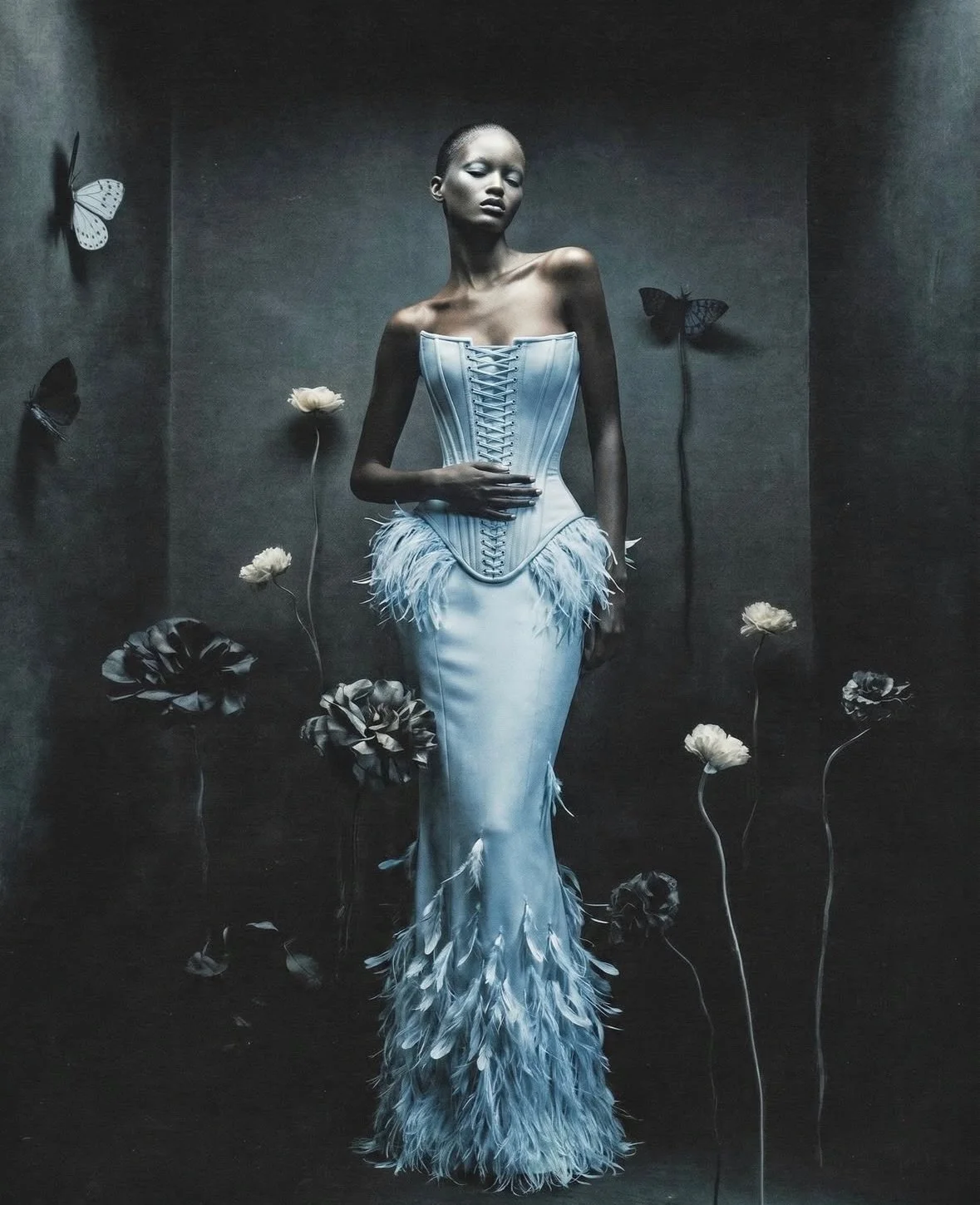 Glamour as metamorphosis, beauty as observation.

&bull;&bull;&bull;#repost

@movimentoeffigie Chrysalis Room, A room built to contain transformation.The subject is not evolving, she is being observed while becoming.Nature is no longer organic, but s