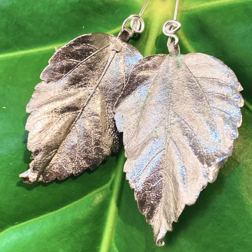 Silver plated leaf earrings handmade by Rachel Rochford