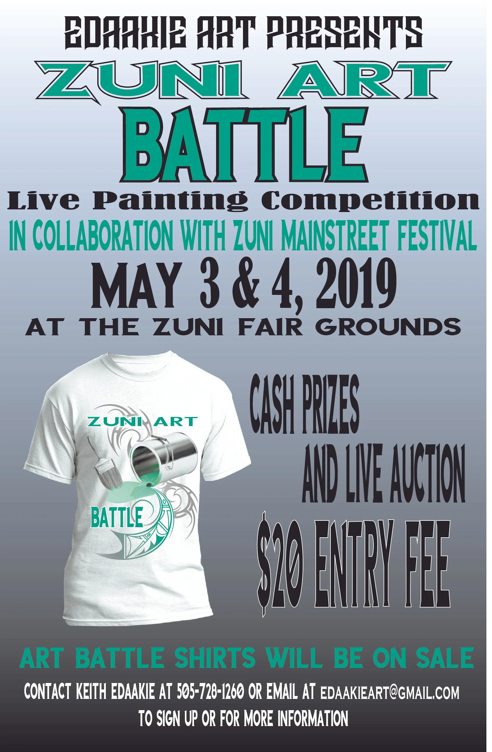 Flyer for Zuni Art Battle, a live painting competition in collaboration with Zuni Main Street Festival on May 3 and 4, 2019, at Zuni Fair Grounds, featuring cash prizes, live auction, sale of art battle shirts, and contact information for registration.