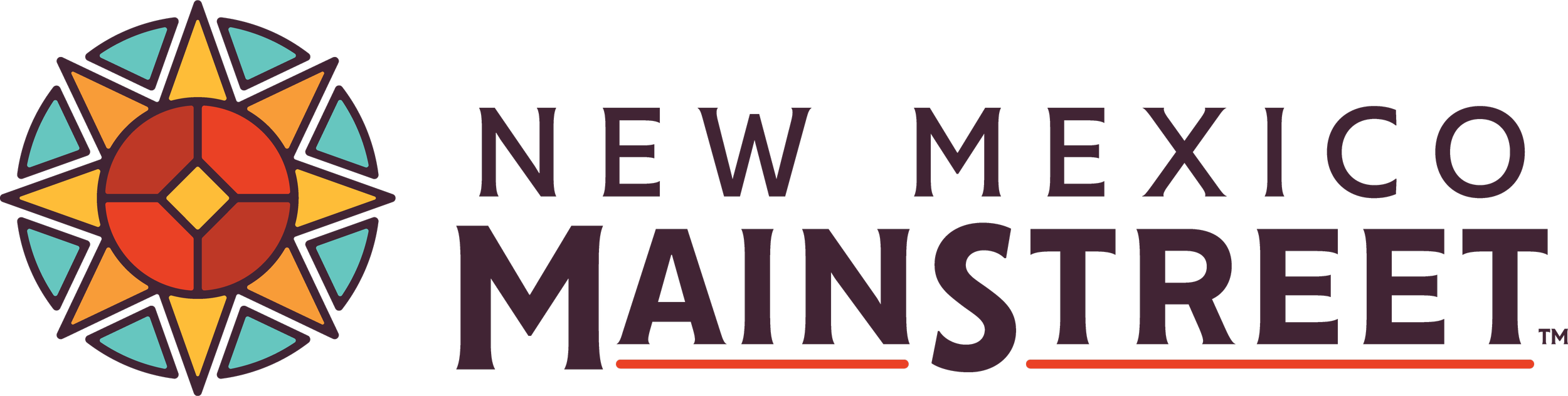 Logo for New Mexico MainStreet featuring a colorful geometric sunburst design with purple text.