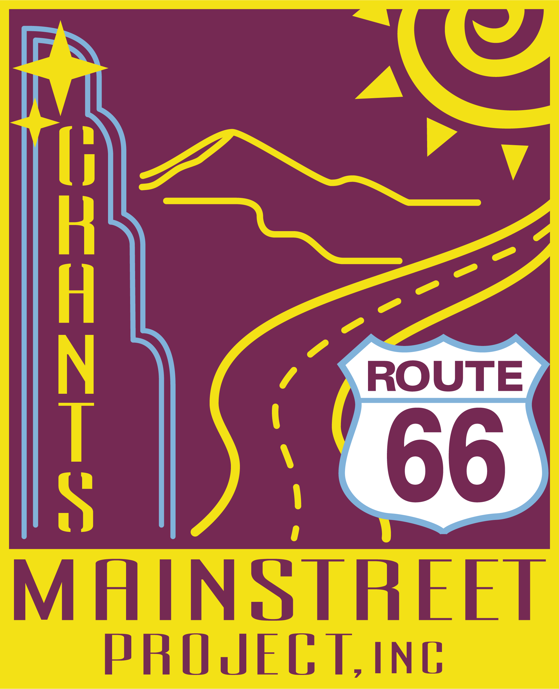 A stylized illustration of the Route 66 sign with yellow road lines, mountains, and a sun against a purple background, and the words 'Main Street Project, Inc.' at the bottom.