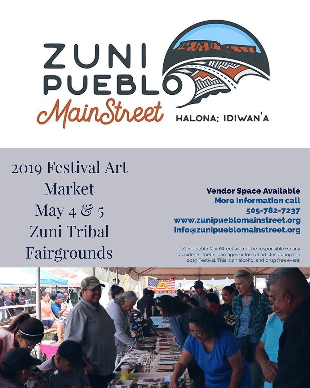 Poster for the 2019 Zuni Pueblo Main Street Festival Art Market showing details of the event, including dates, location, and contact information, with a photo of people browsing a market stall at the bottom.