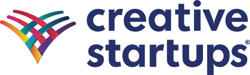 Creative Startups logo with colorful abstract V shape and bold blue text.