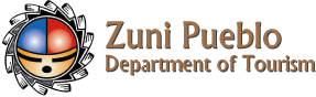 Zuni Pueblo Department of Tourism logo with a Native American-inspired circular emblem in red, white, blue, and black, and text in brown and black.