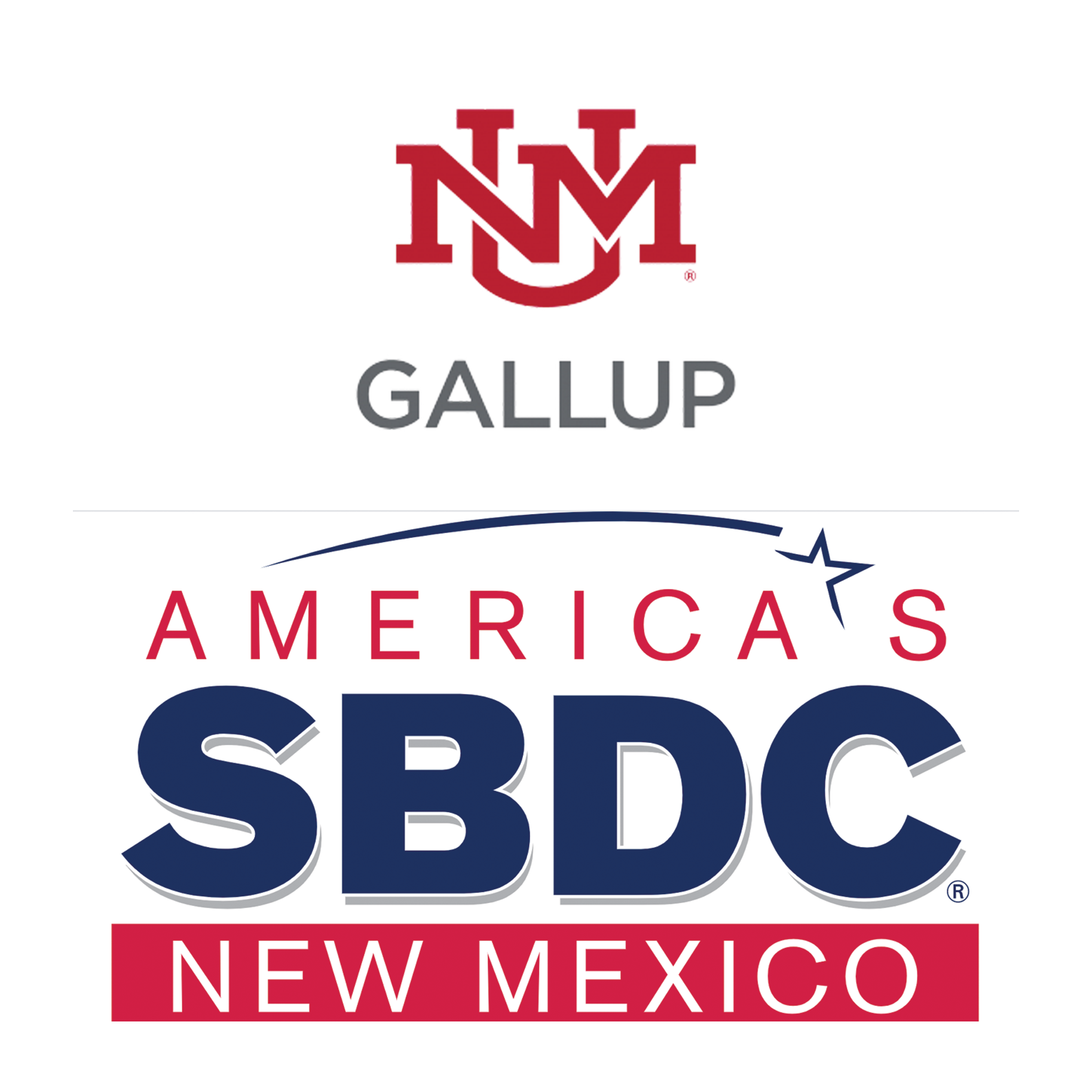 Logo for the New Mexico Small Business Development Center in Gallup, featuring the NM logo, the words Gallup, Americas SBDC, and New Mexico.