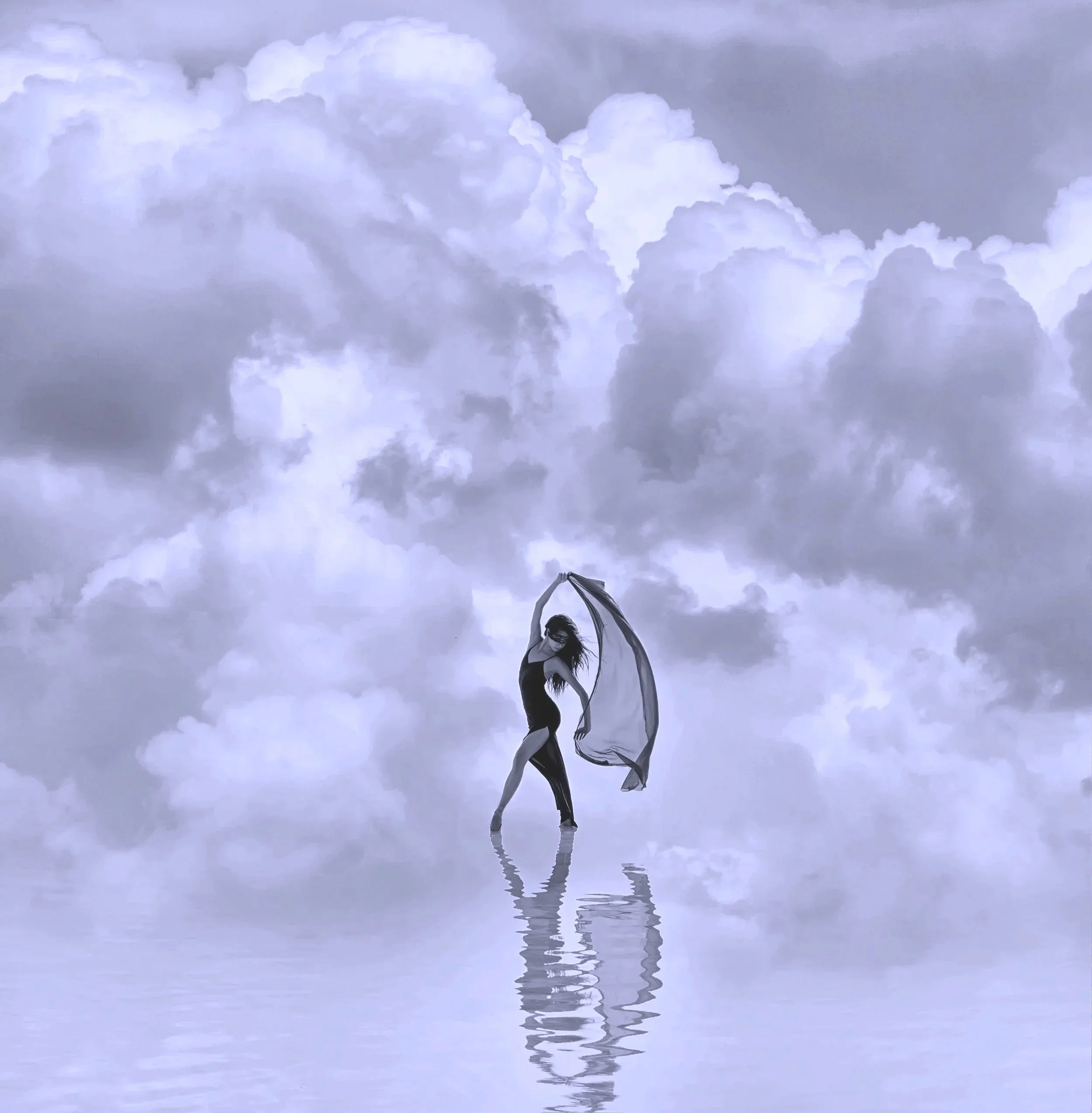 Woman dancing between clouds and water representing Your Private 1:1 one-hour sovereign mentorship sessions for leaders and healers integrating strategic insight, intuitive healing, embodied leadership, and transformational guidance