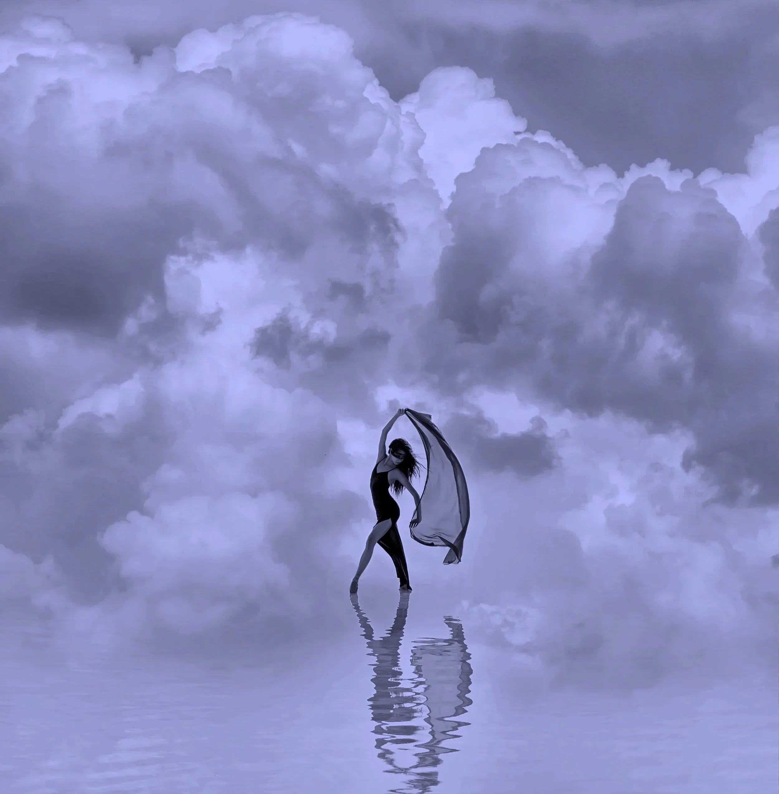 Woman dancing between clouds and water representing Your Private 1:1 intuitive healing and transformational guidance sessions