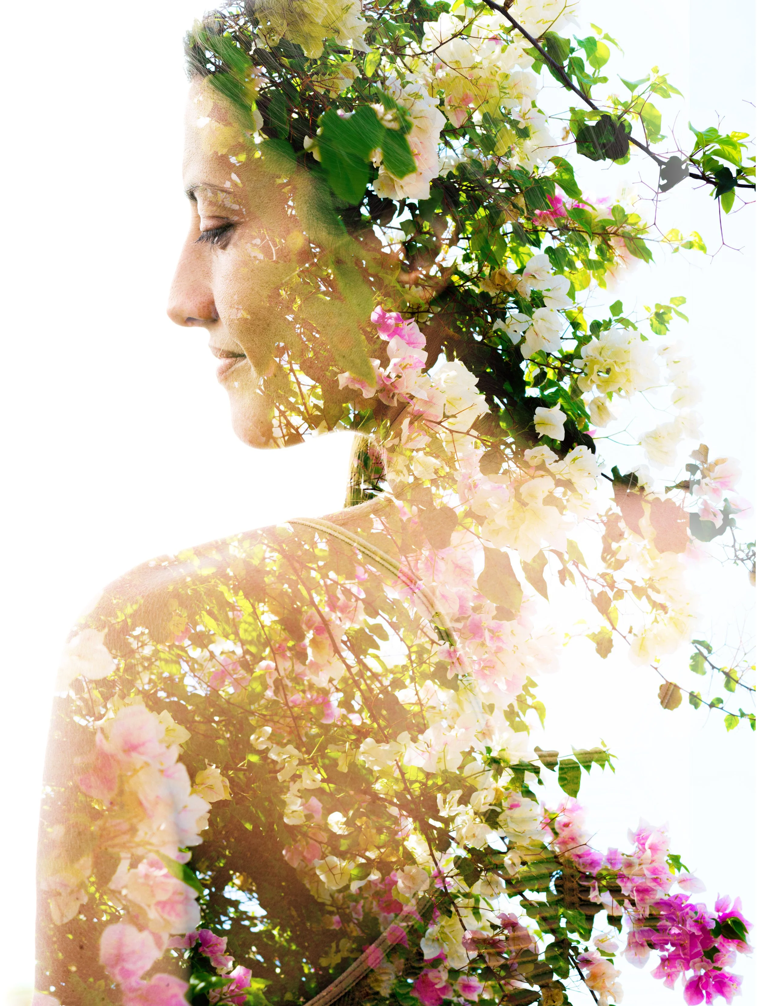 Woman with floral and nature overlay representing Your Luminous Journey, the nine-month private sovereign mentorship program