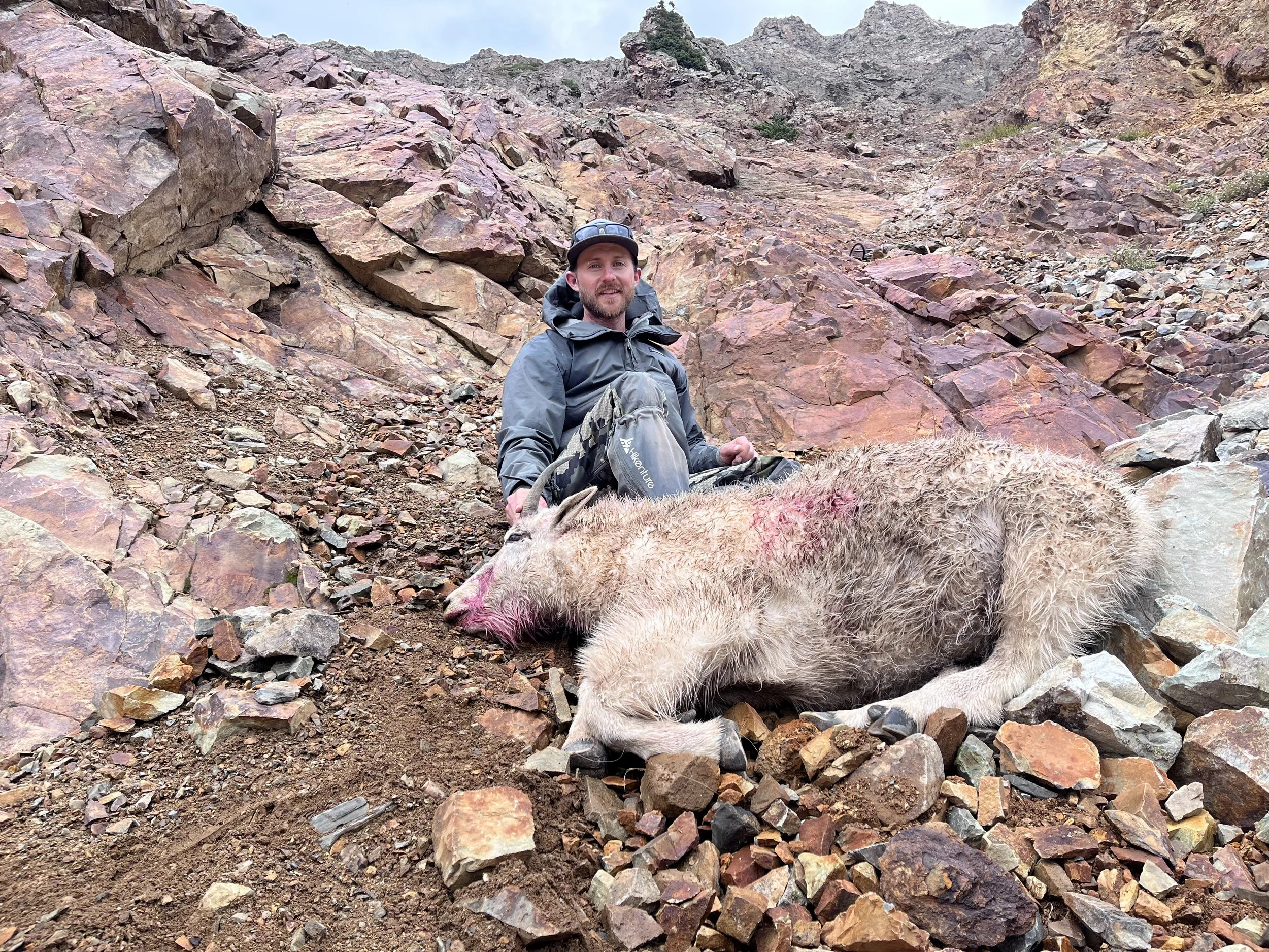 Guide with mature mountain goat harvested in G12 in the Maroon Bells-Snowmass Wilderness