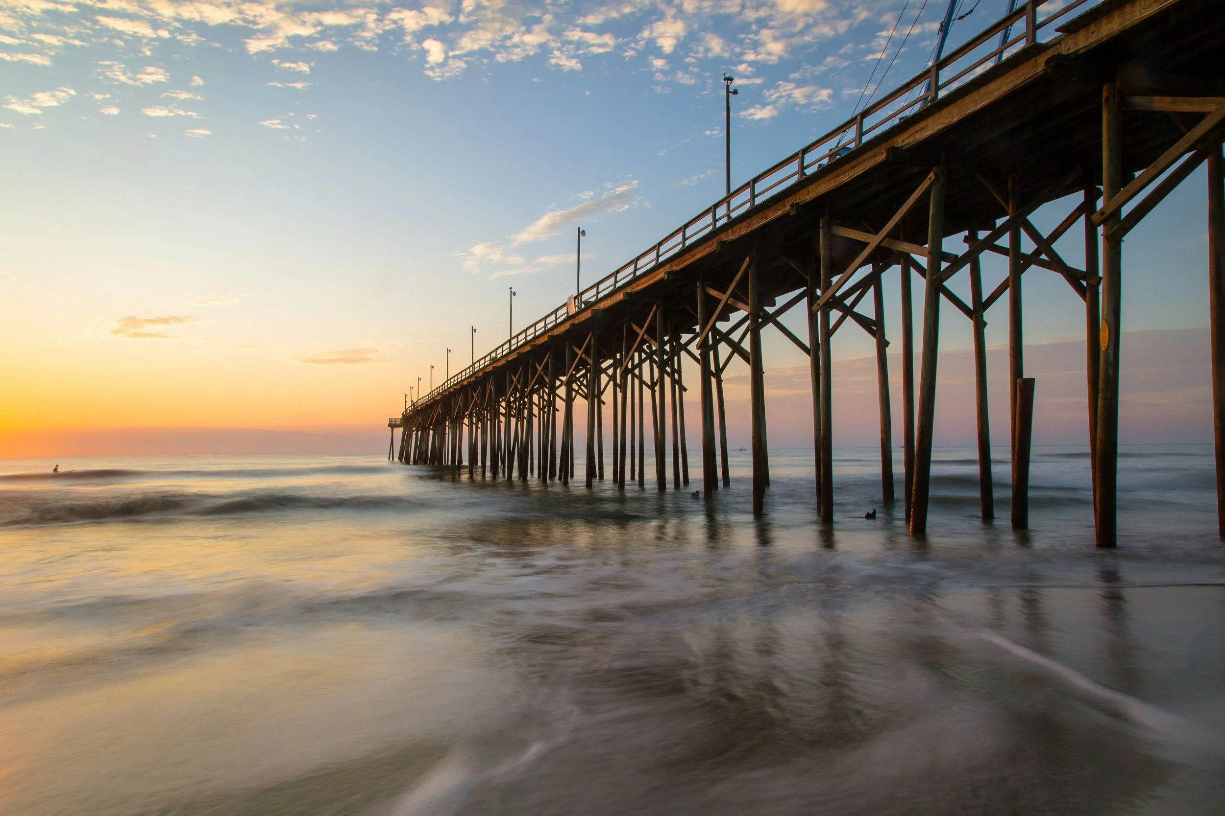 Pier stretching into ocean at a North Carolina beach