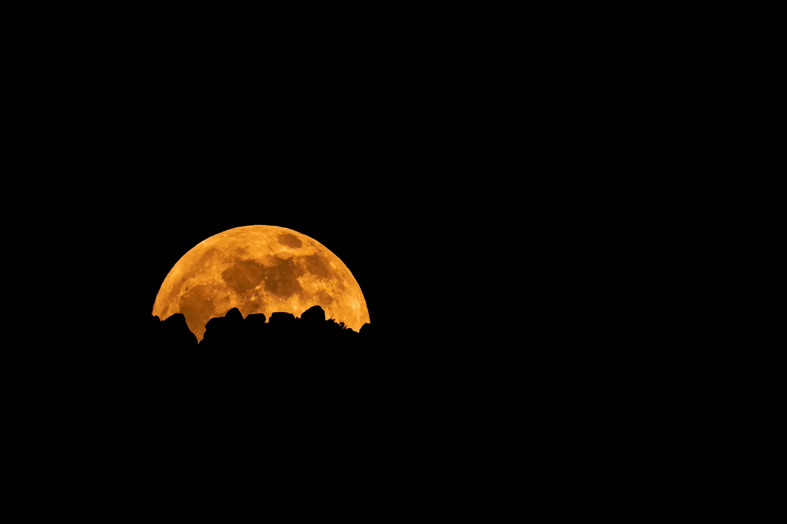 Orange half of moon peeking out from dark landscape