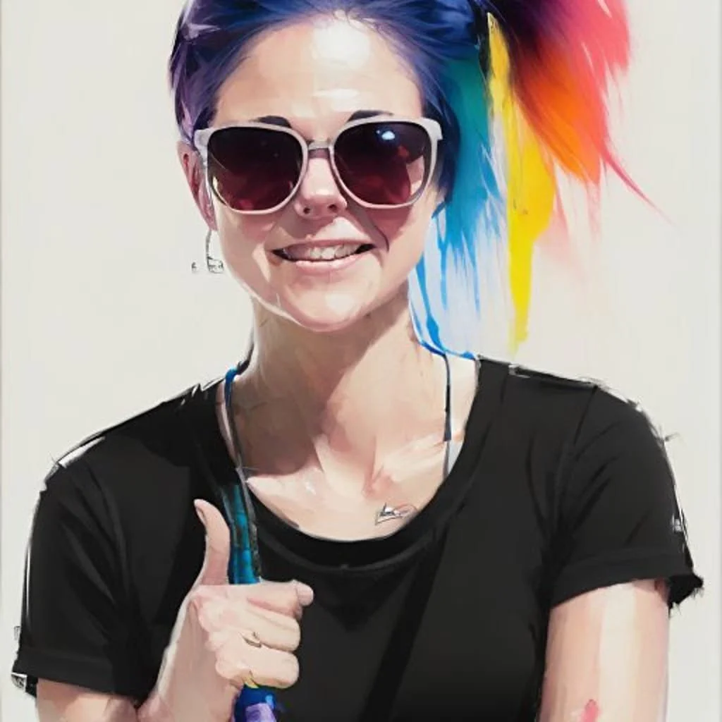 A woman with rainbow-colored hair, wearing sunglasses, a black t-shirt, and a headset, pointing with her thumb up and smiling.