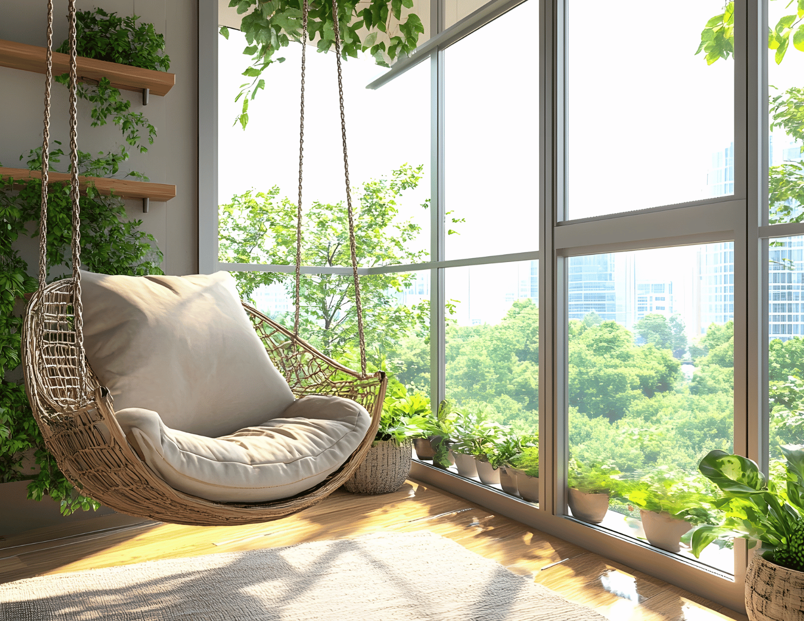 Sunlit balcony with a hanging wicker chair with white cushions, surrounded by potted plants, and large glass windows showing a cityscape with trees and high-rise buildings.