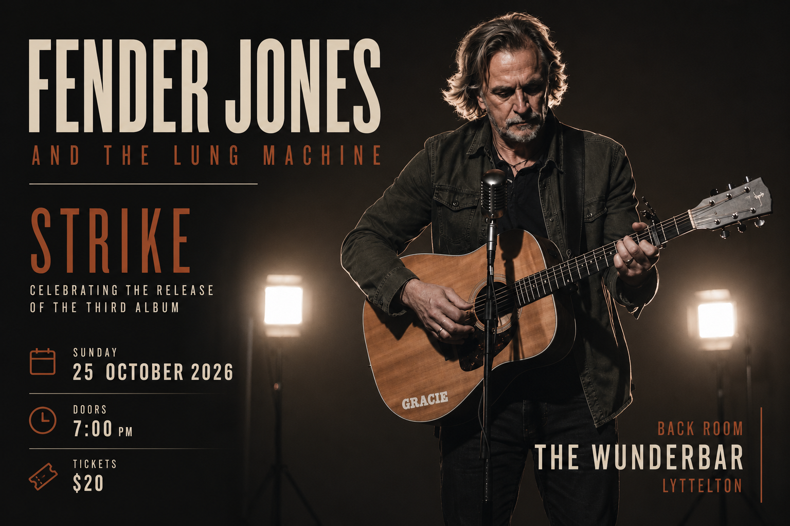 Concert poster featuring a man playing an acoustic guitar on stage with a microphone, dark background, and stage lights. Text advertising Fender Jons and the Lung Machine's release of their third album, Strike, with date, time, venue, and ticket information.