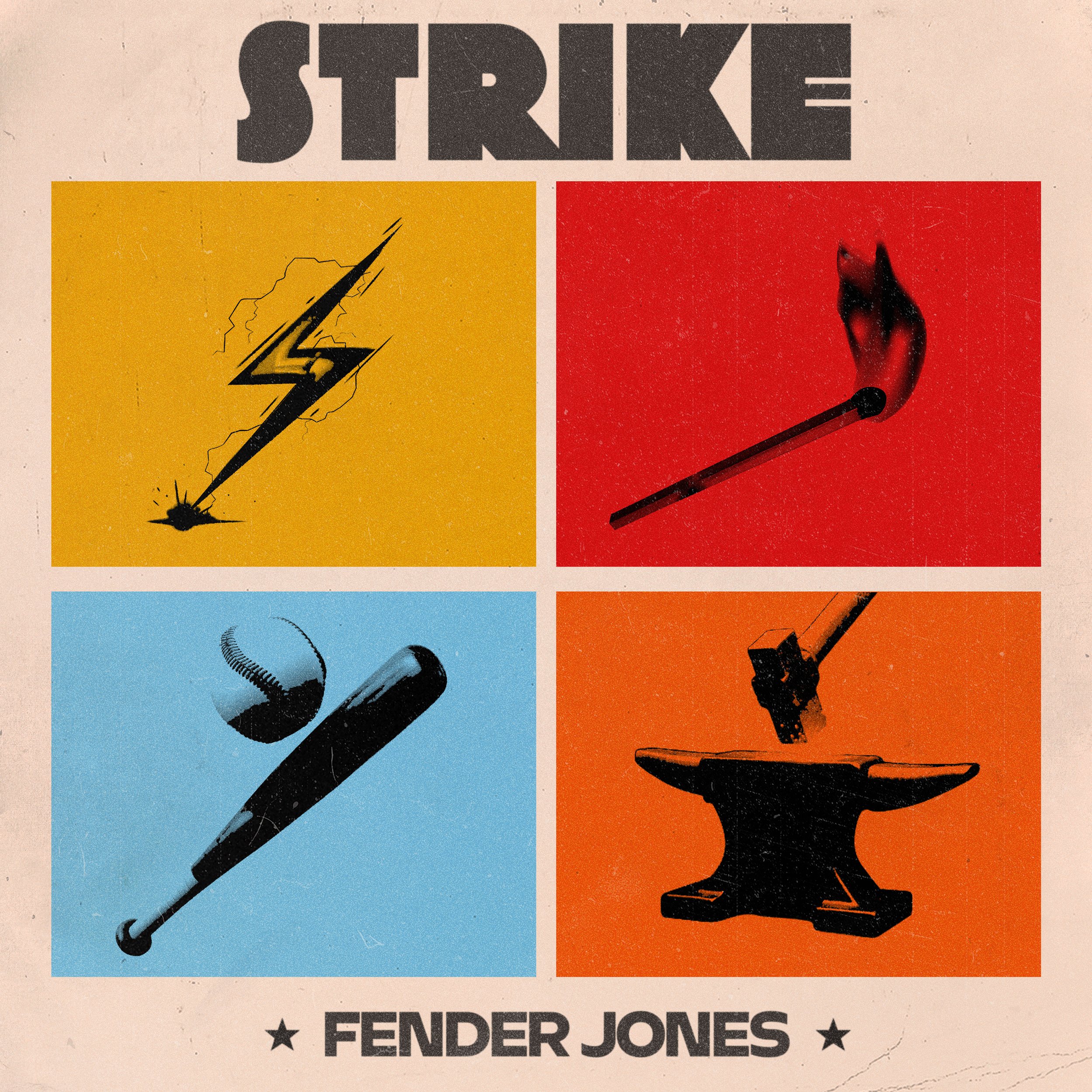 A vintage-style graphic design featuring the word "STRIKE" at the top, with four colored sections below showcasing icons of a lightning bolt, a raised fist, a hammer, and a foot. The text "FENDER JONES" appears at the bottom with stars on either side.