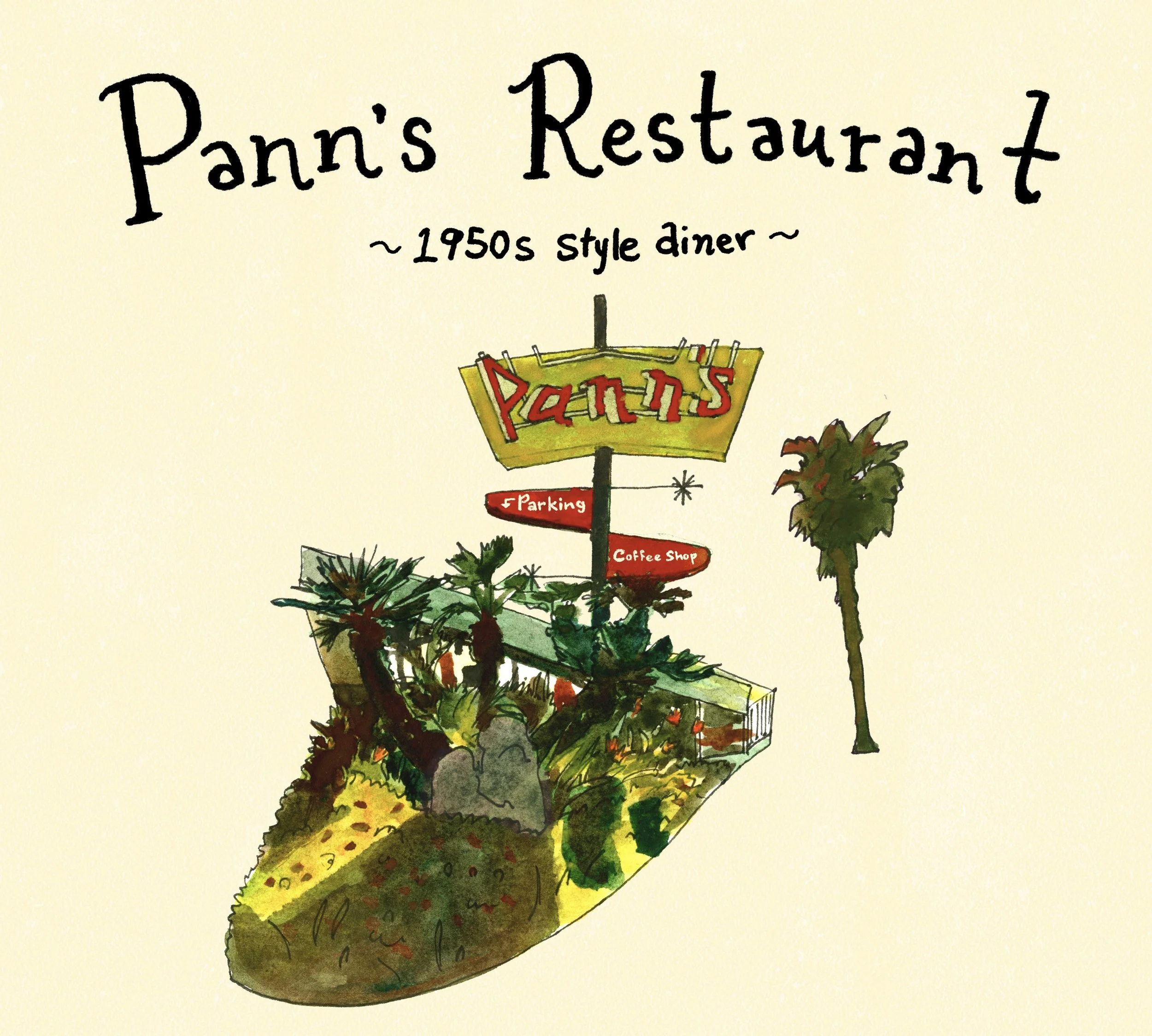 panns restaurant exterior storefront sign diner la watercolor painting drawing art american