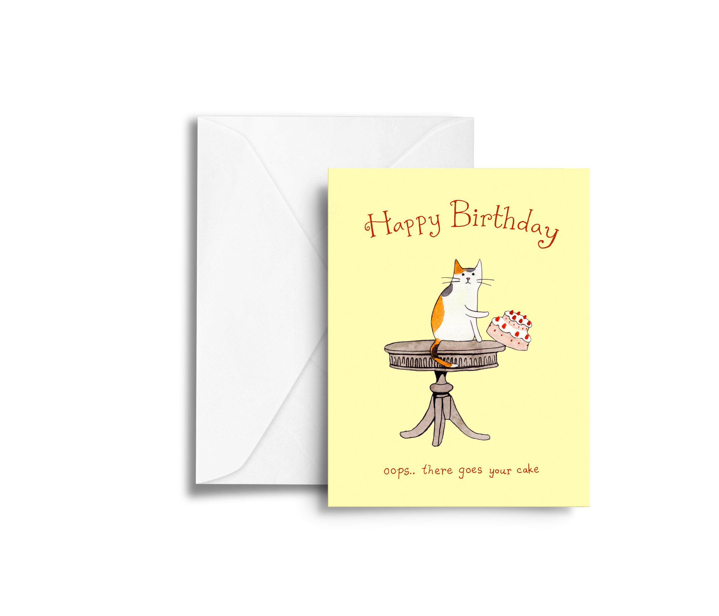 greeting card funny cat dropping cake birthday
