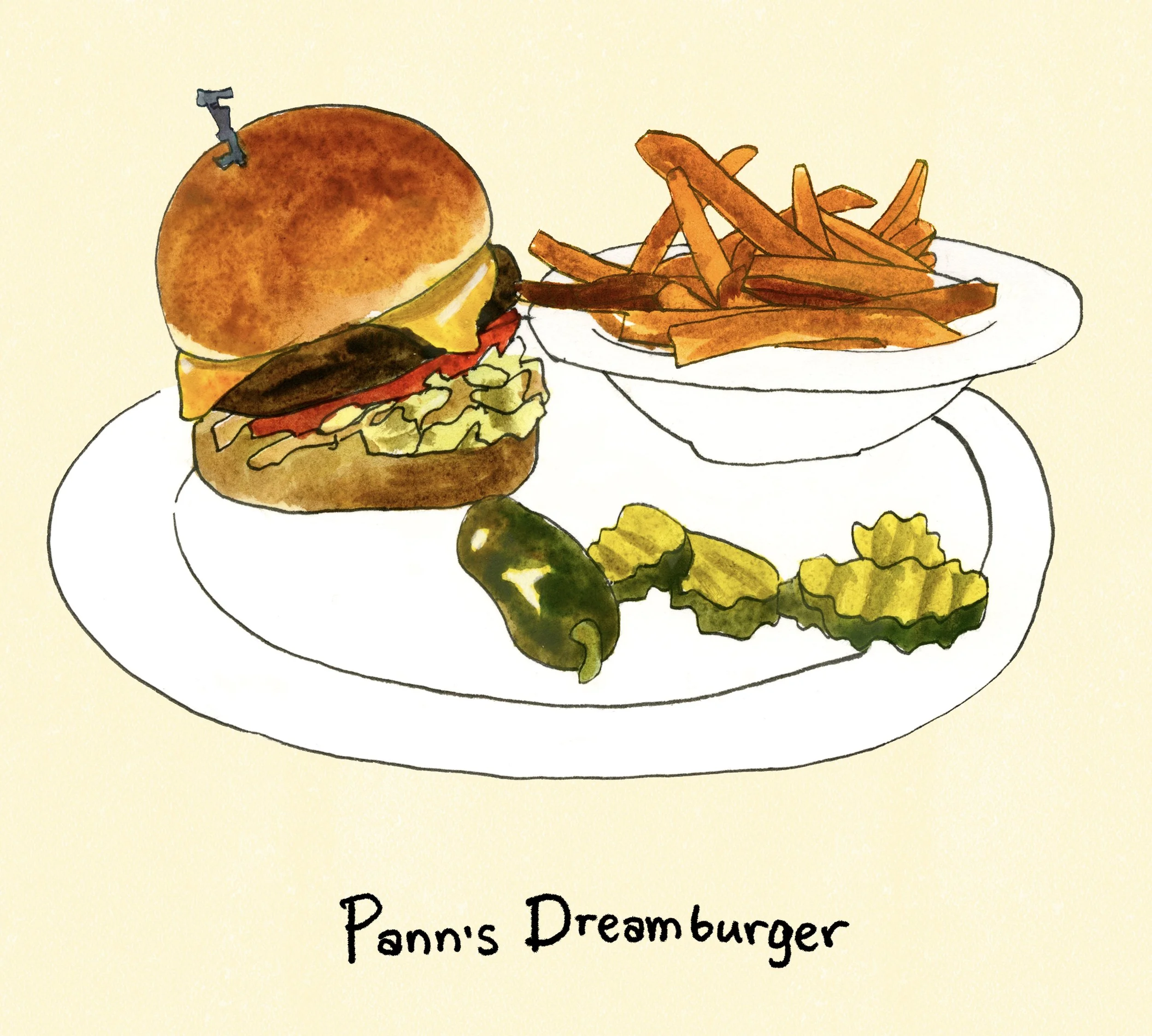 panns restaurant diner la watercolor painting drawing art american burger fries