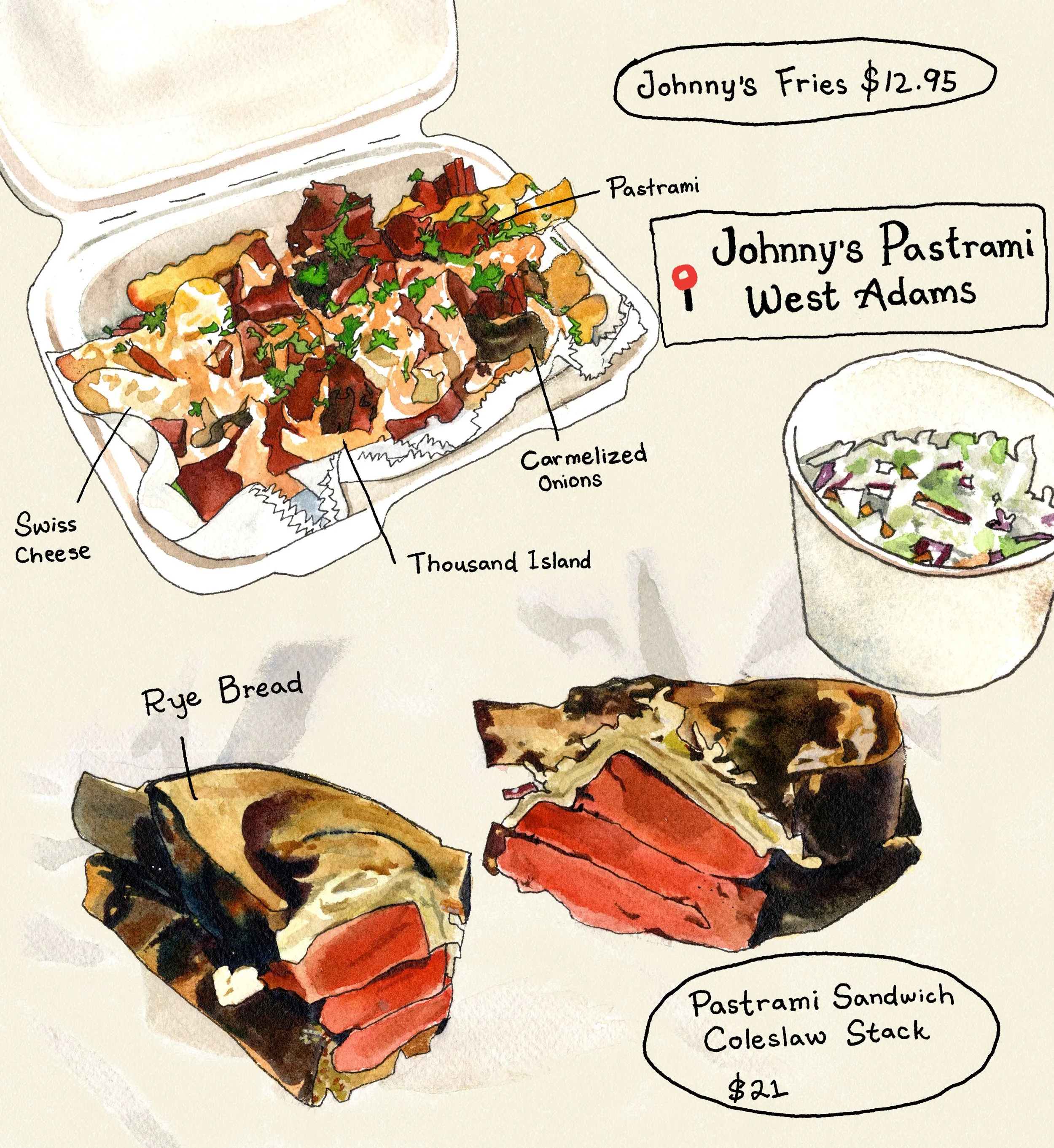 JOHNNY’S pastrami sandwiches, burgers and Jewish deli favorites in the West Adams neighborhood of Los Angeles 
Pastrami Sandwich
half or full / on tartine marble rye with mustard / reuben +1 / coleslaw stack +1 / choice of coleslaw or potato salad
Jo