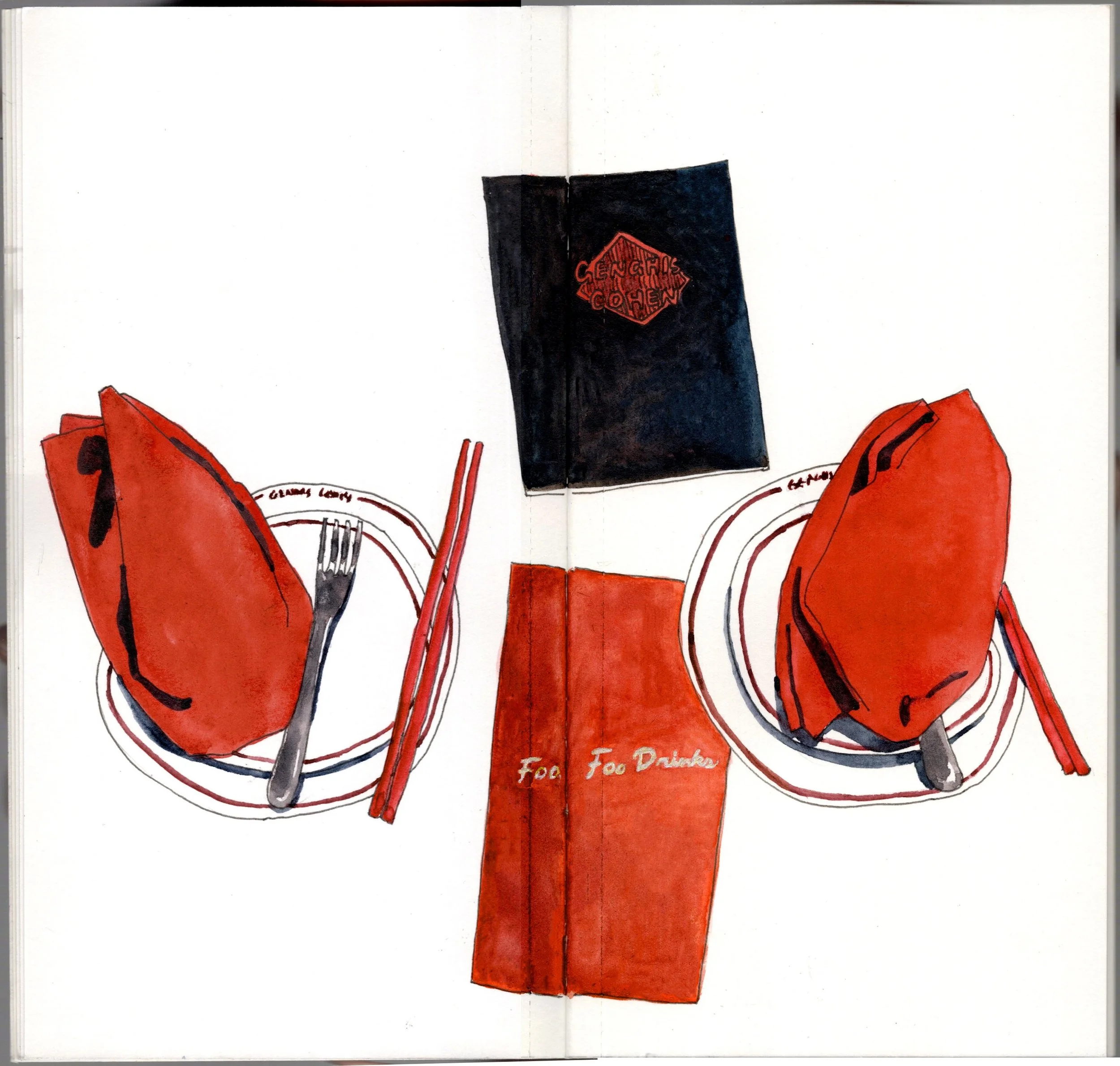 genghis cohen fairfax la american chinese restaurant table scene  watercolor painting