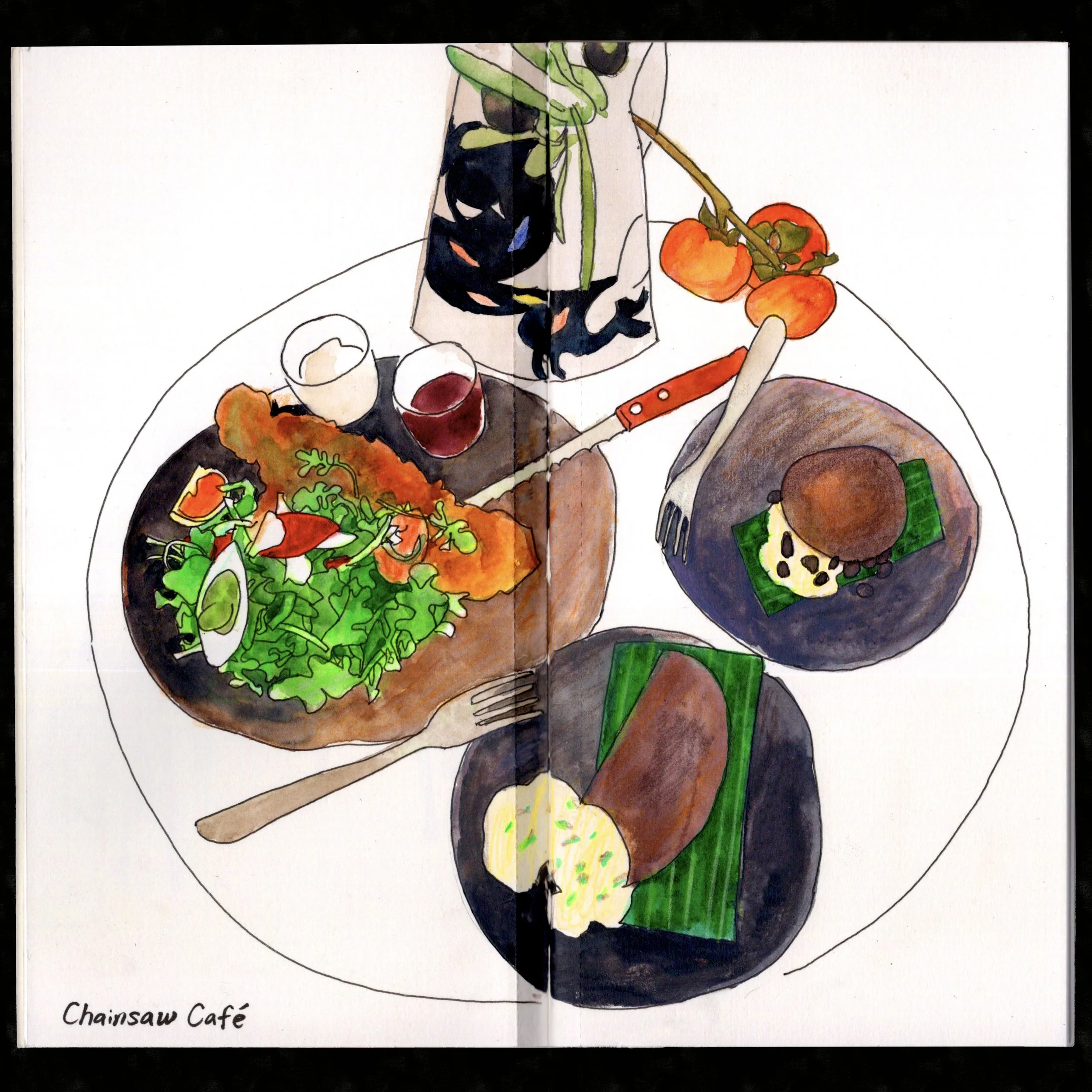 chainsaw cafe melrose la american venezuelan restaurant table scene  watercolor painting food  pork milanesa empanada domino arepa