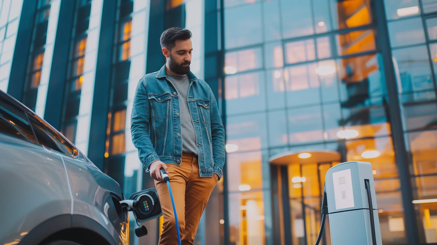 Driver charging an electric car outside a modern office building