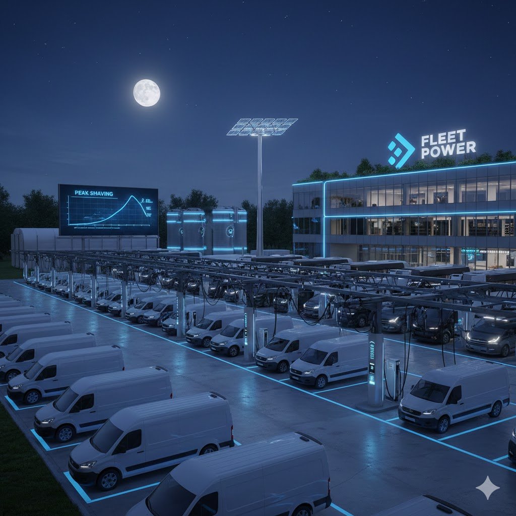 A futuristic electric vehicle charging station at night with grid-like charging docks, a building with solar panels, and the Fleet Power logo, under a bright full moon.