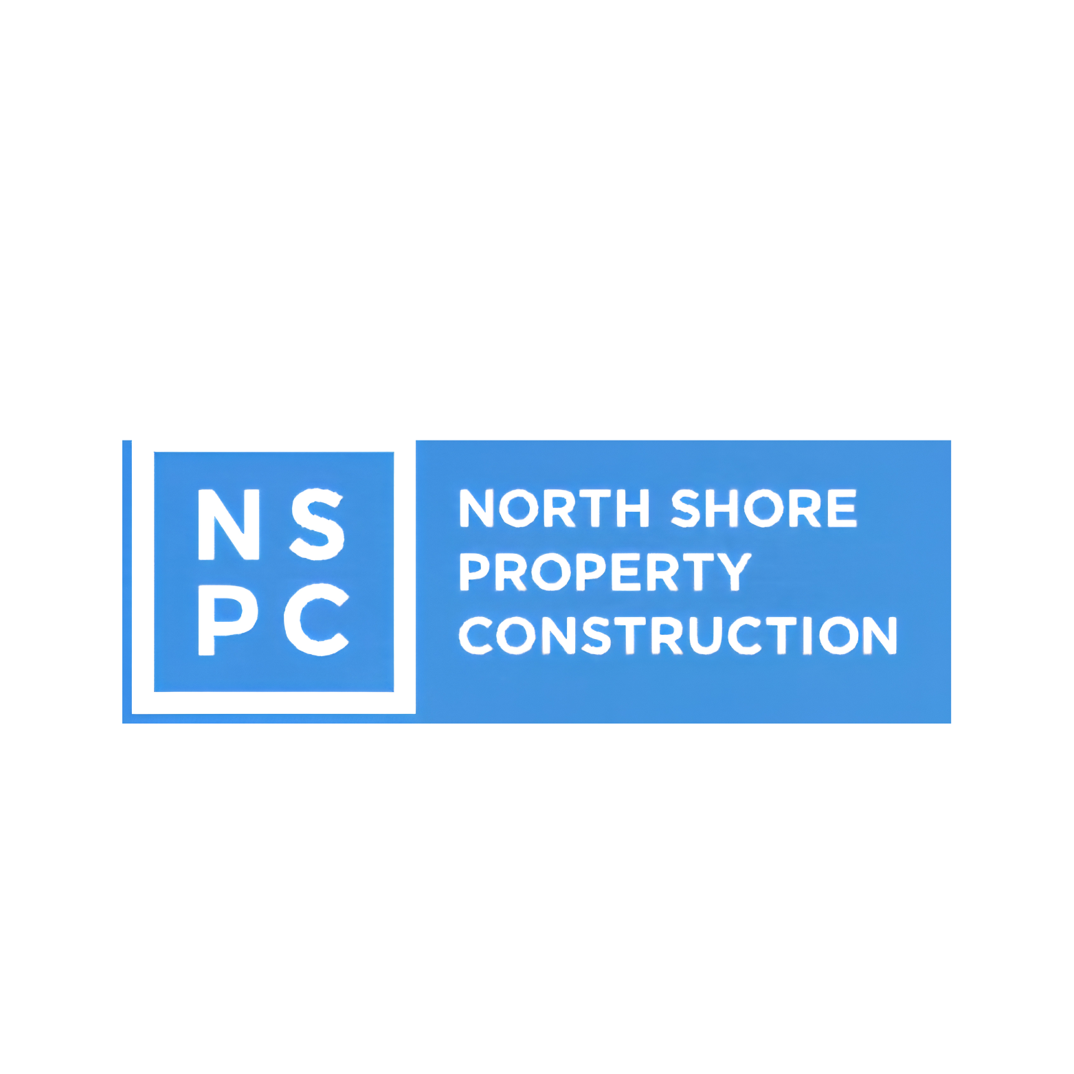 Blue construction sign for North Shore Property Construction, with N S P C initials in a blue square and the full company name next to it.